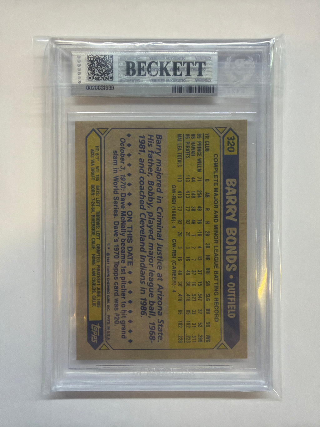 1987 Topps #320 Barry Bonds BGS 8.5 Rookie Pirates
