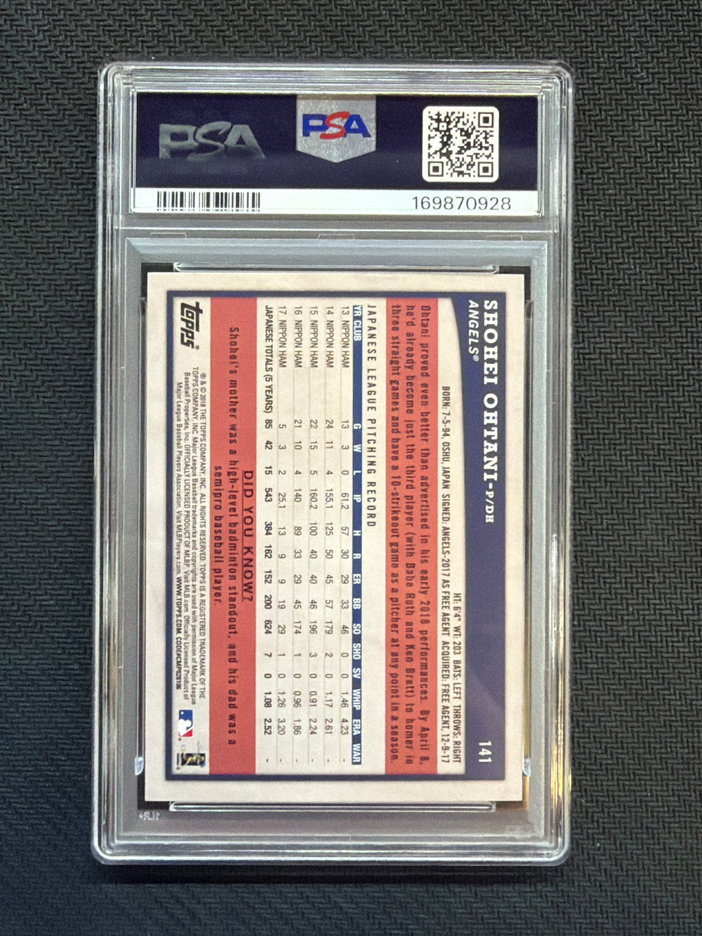 2018 Topps Big League Shohei Ohtani Rookie #141 PSA 10 928