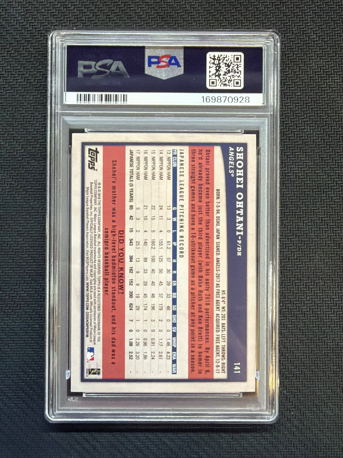2018 Topps Big League Shohei Ohtani Rookie #141 PSA 10 928