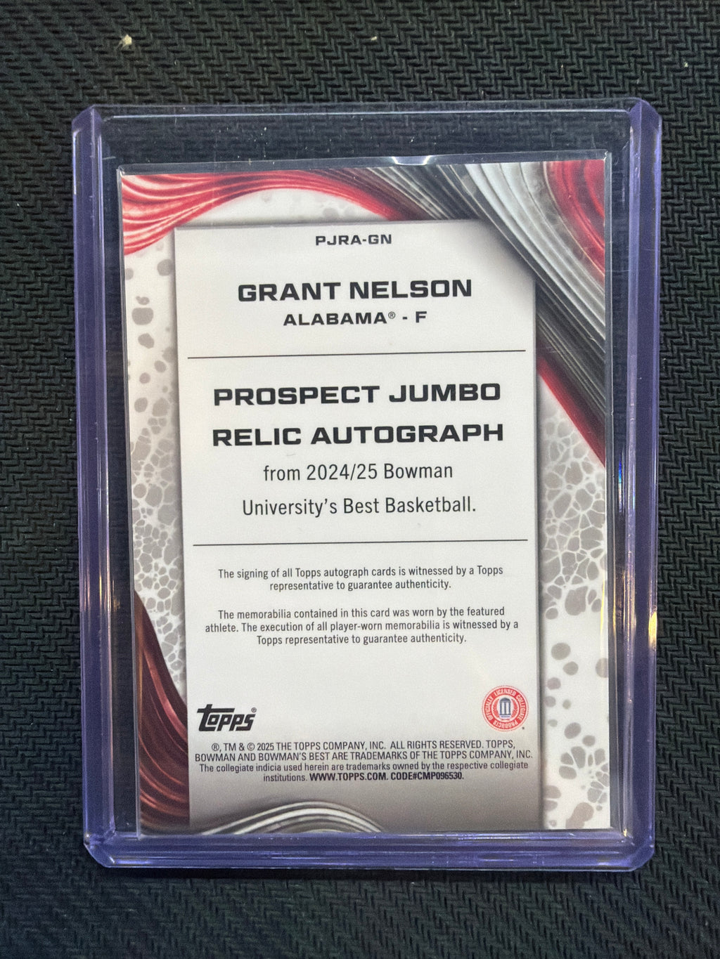 2025 Bowman U Best Grant Nelson Jumbo Relic Auto Alabama