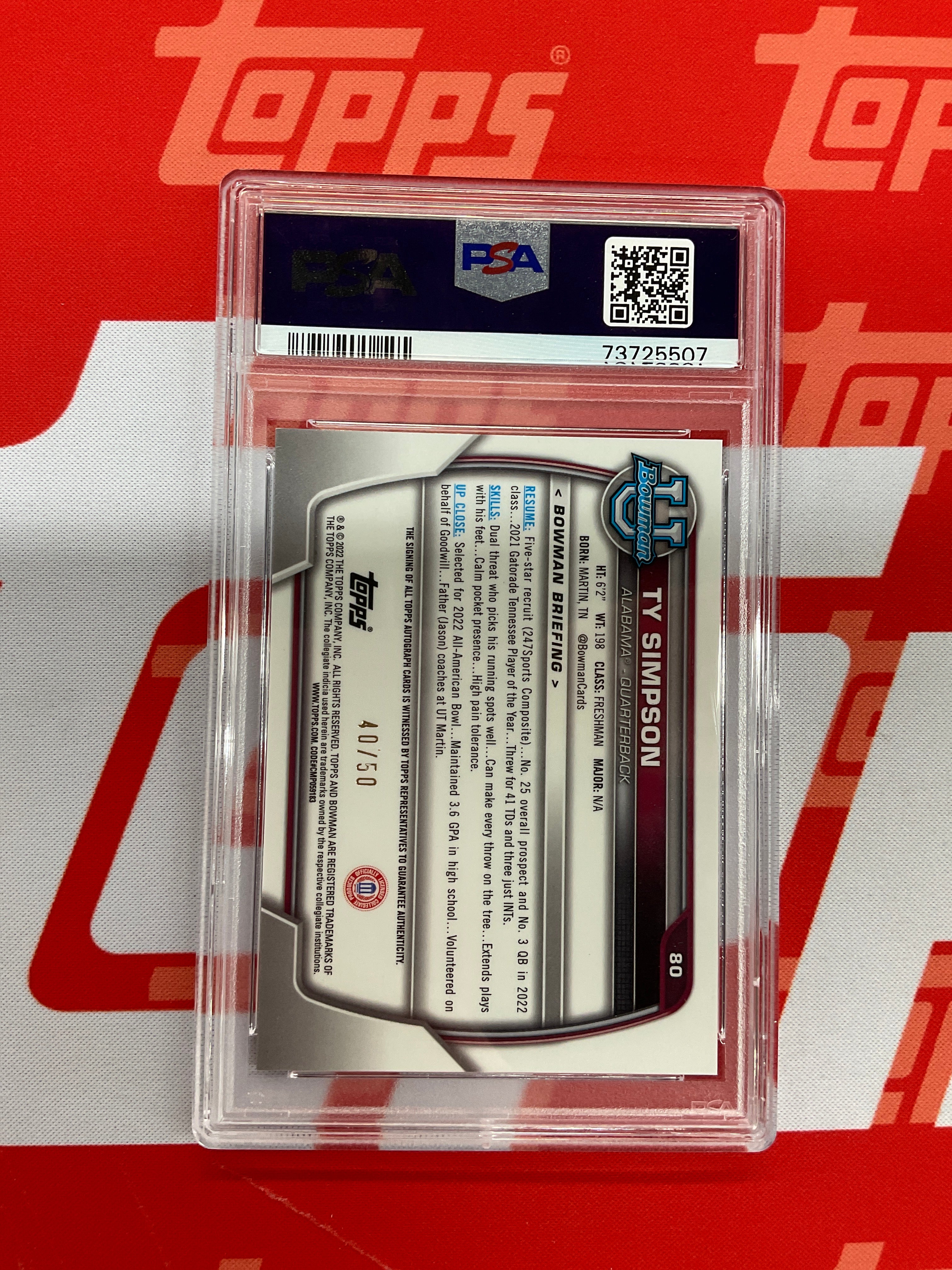 2022 Bowman U Ty Simpson Rookie Gold Auto /50 PSA 10 Alabama