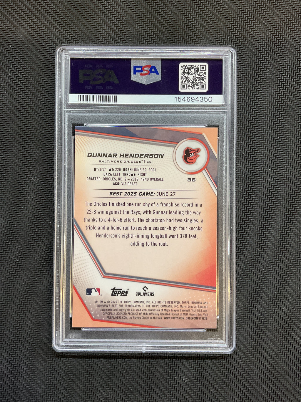 2025 Bowman's Best Gunnar Henderson Purple Lazer /250 PSA 10 350