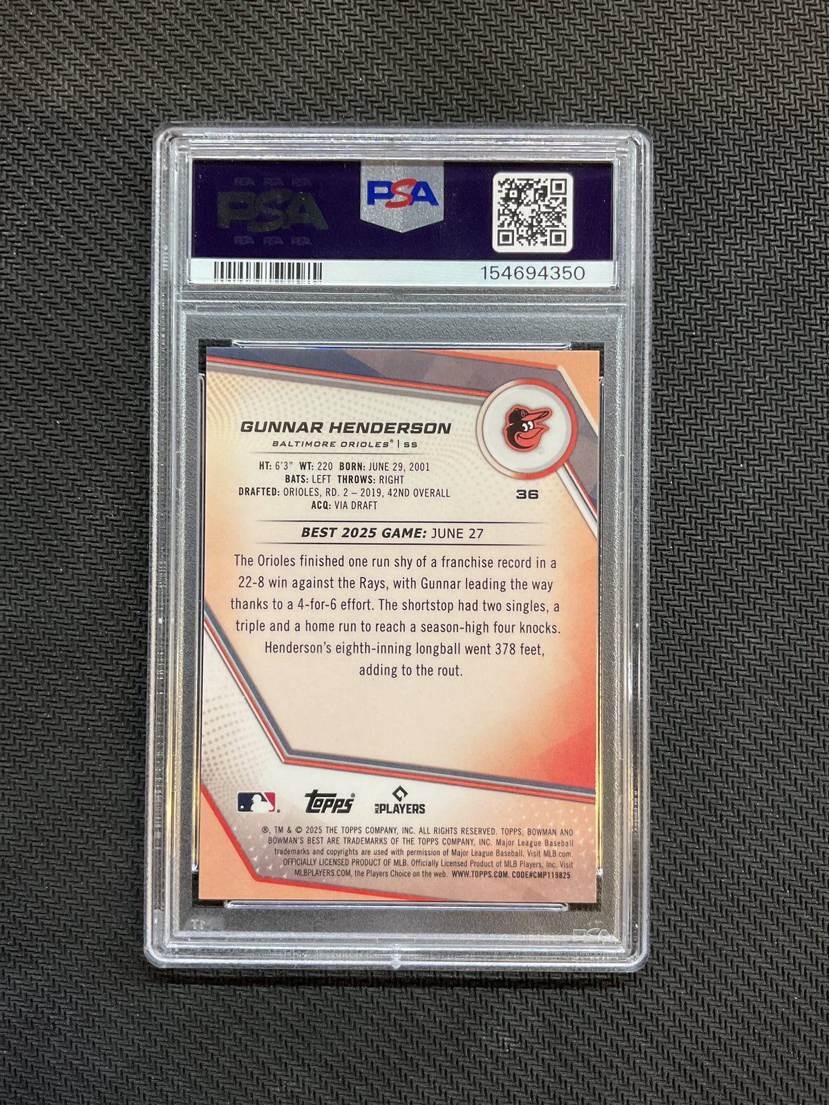 2025 Bowman's Best Gunnar Henderson Purple Lazer /250 PSA 10 350