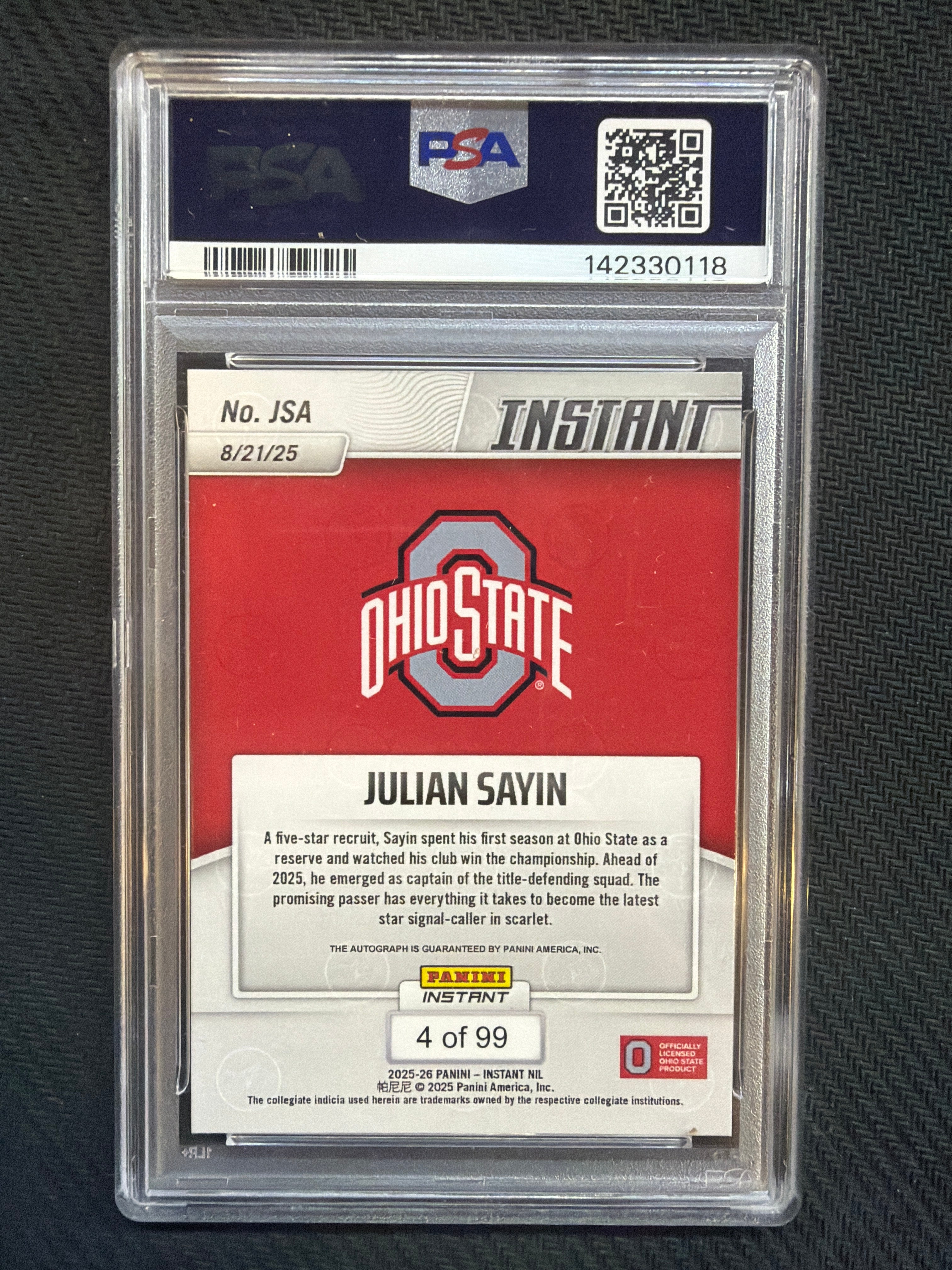 2025 Panini Instant NIL Julian Sayin Autograph /99 PSA 10 Ohio State