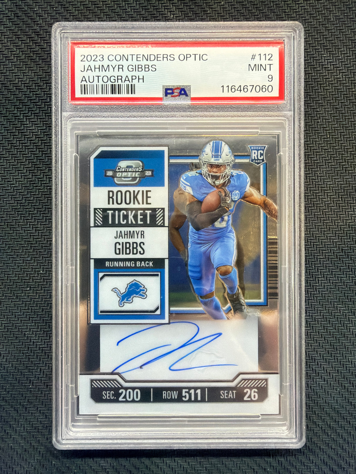 2023 Contenders Optic Jahmyr Gibbs Rookie Auto #112 PSA 9 Lions