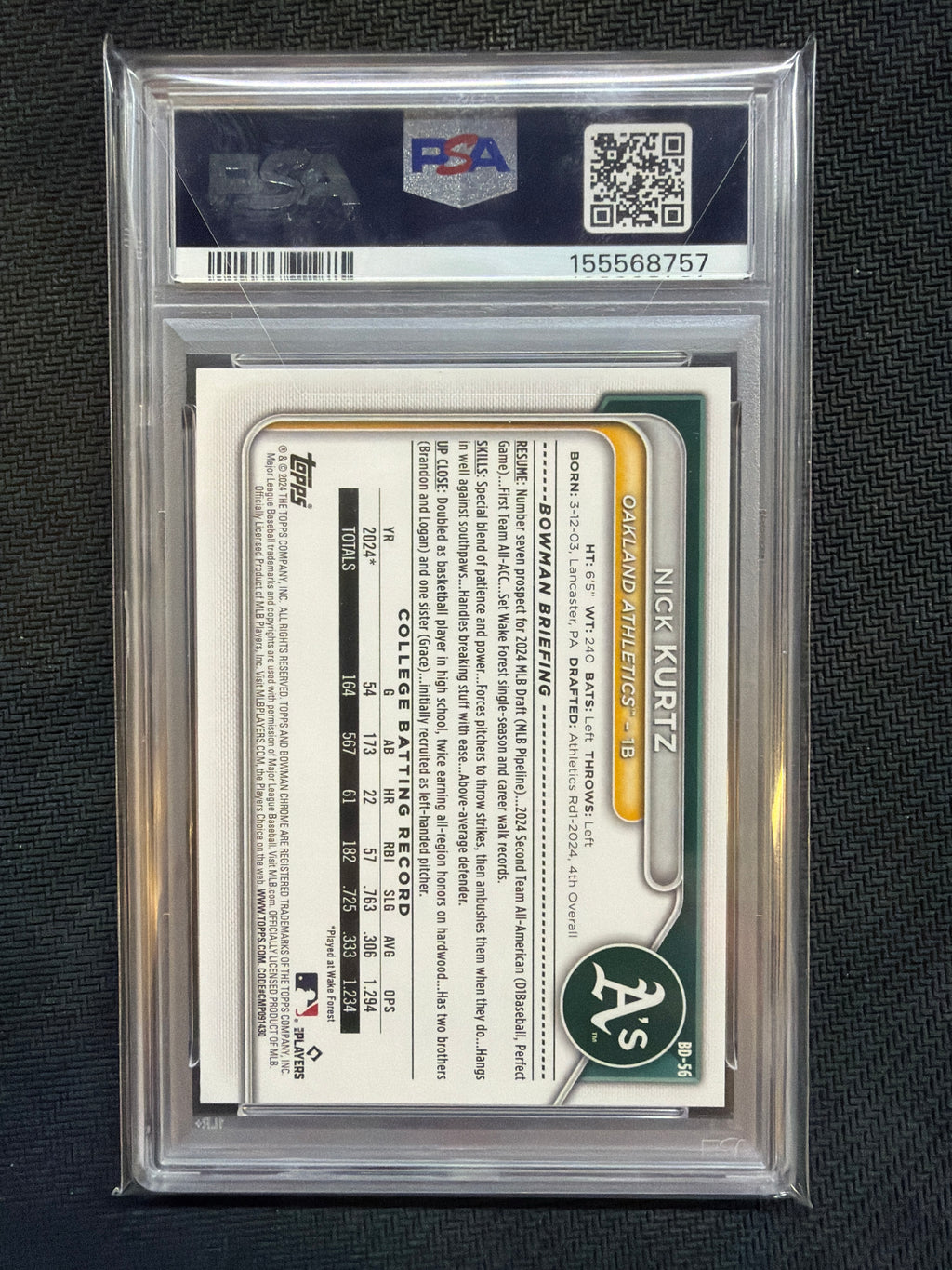 2024 Bowman Draft Nick Kurtz #BD56 PSA 10 A's 757