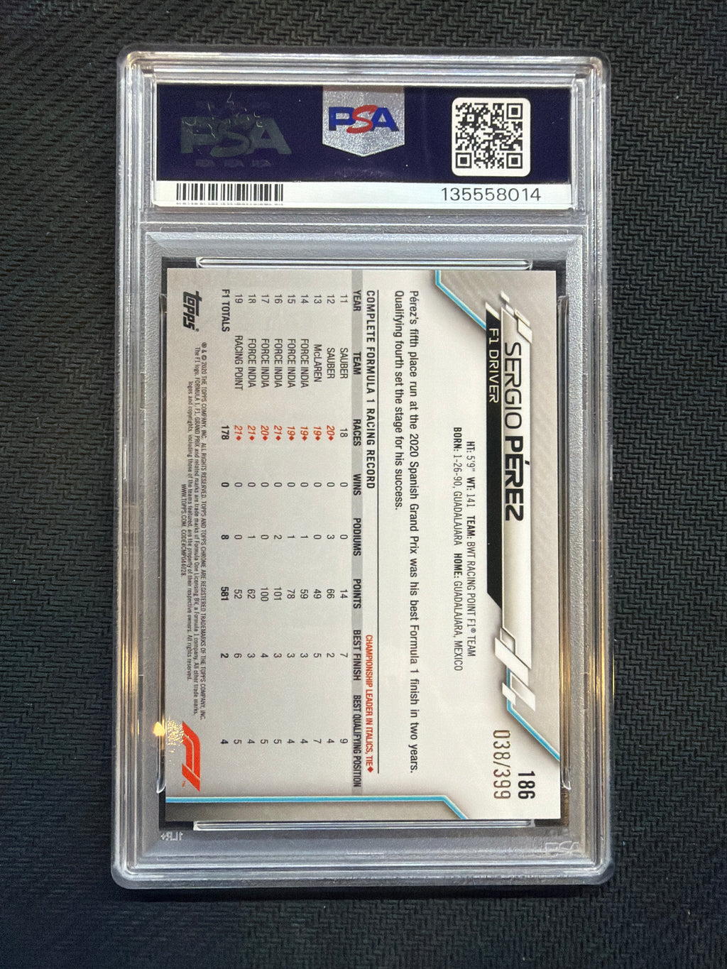 2020 Topps Chrome F1 Sergio Perez Purple /399 #186 PSA 9 014