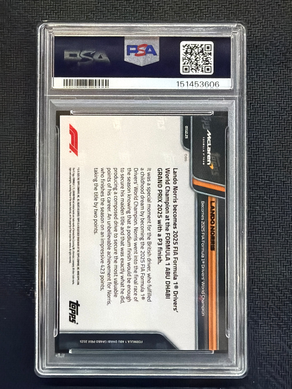 2025 Topps Now F1 Formula 1 Lando Norris #86 PSA 10 World Champion 606
