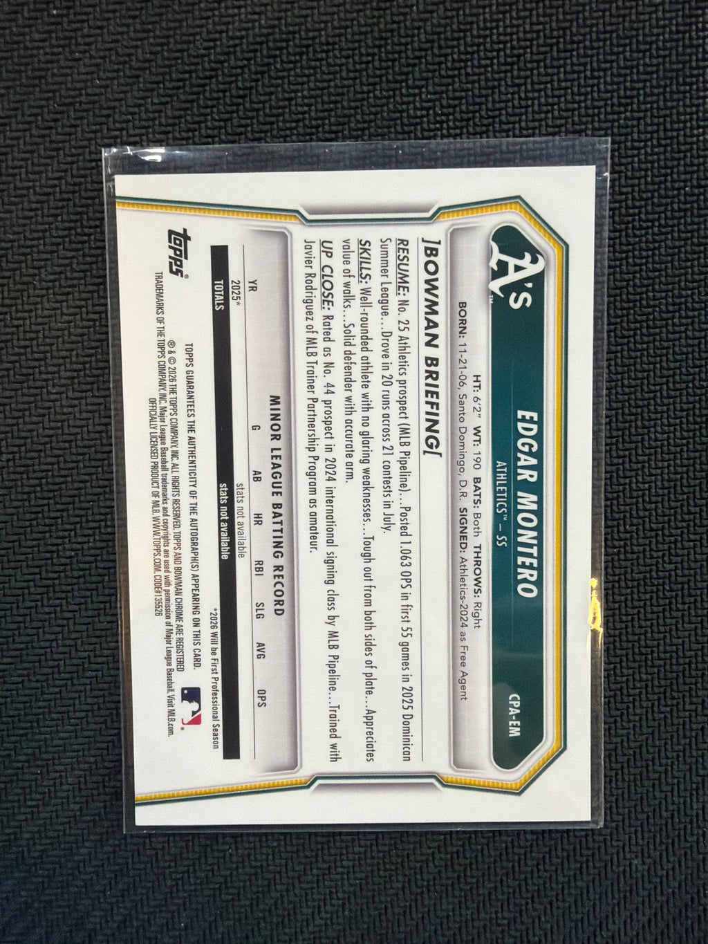 2026 Bowman Chrome Edgar Montero Speckle 1st Auto /299