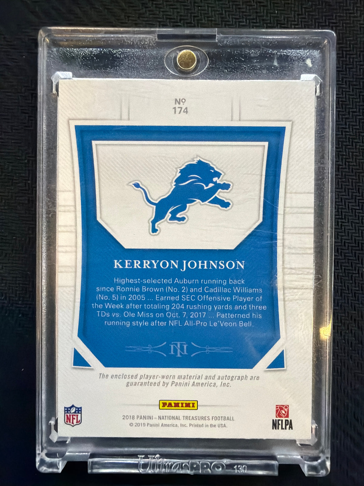 2018 National Treasures Kerryon Johnson Patch Auto /15 Stars & Stripes RPA