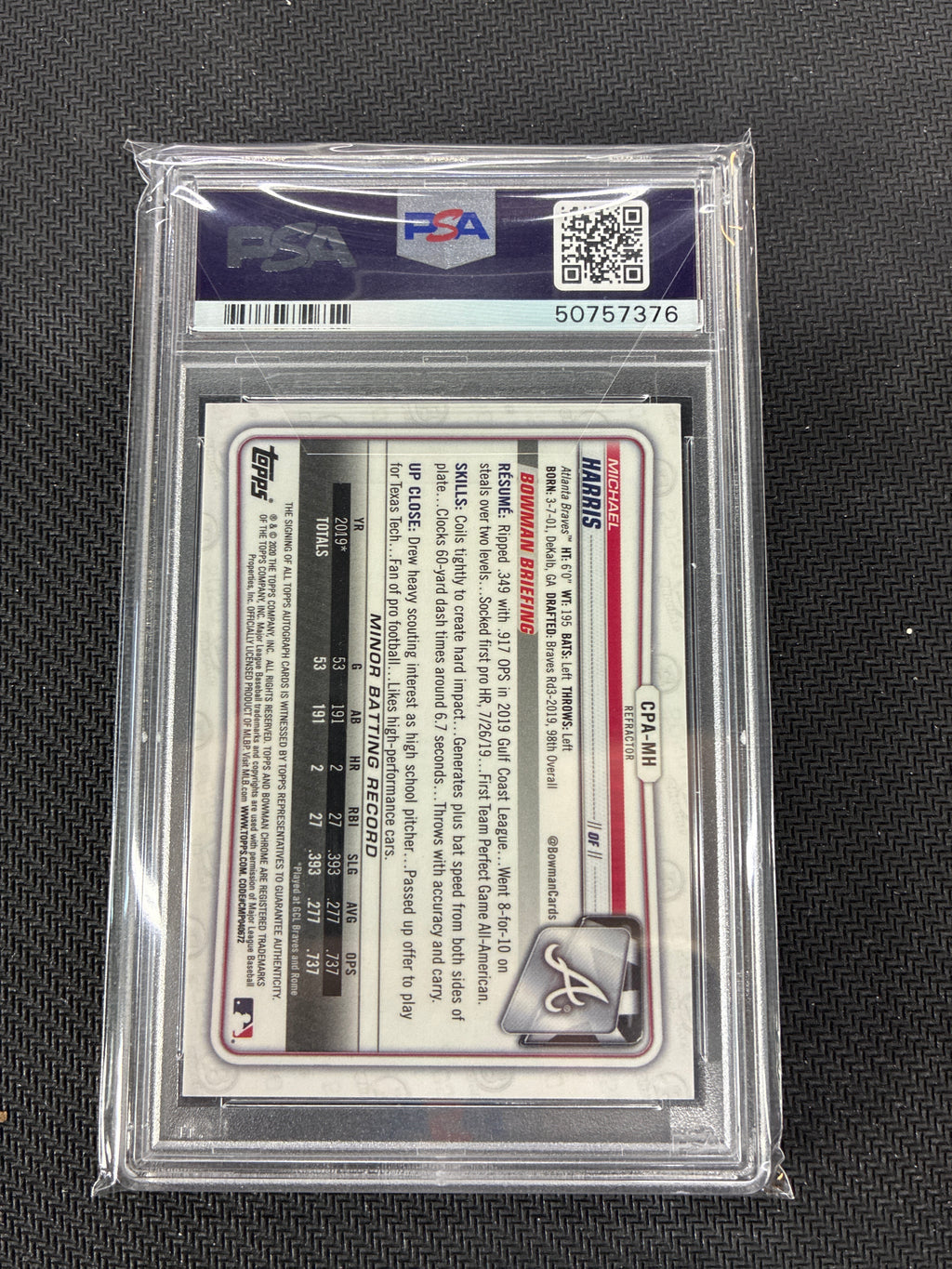 2020 Bowman Chrome Michael Harris 1st Bowman Refractor Auto /499 PSA 10 Braves