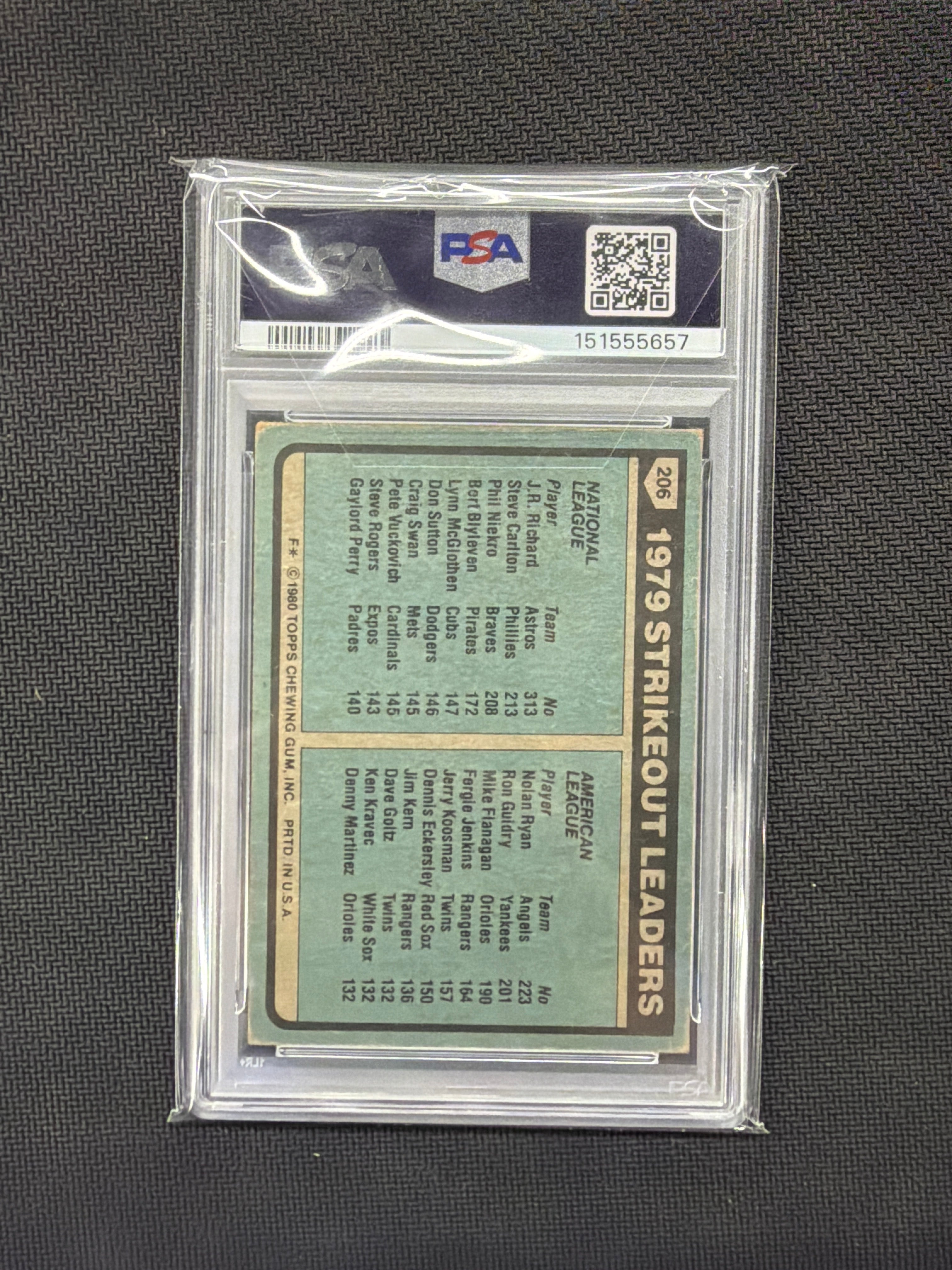 1980 Topps Strikeout Leaders JR Richard Nolan Ryan PSA 2