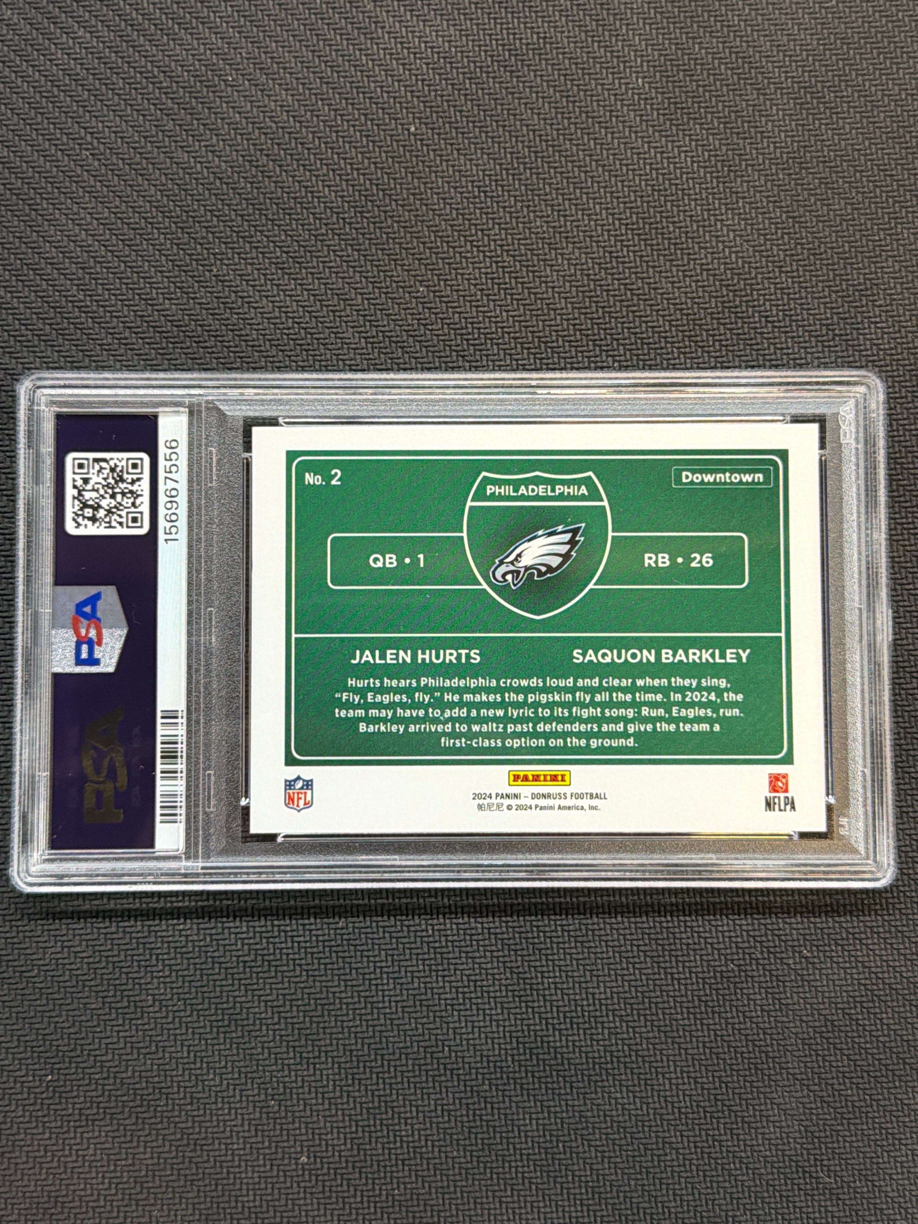 2024 Donruss Jalen Hurts Saquon Barkley Downtown! Horizontal #2 PSA 10 Eagles