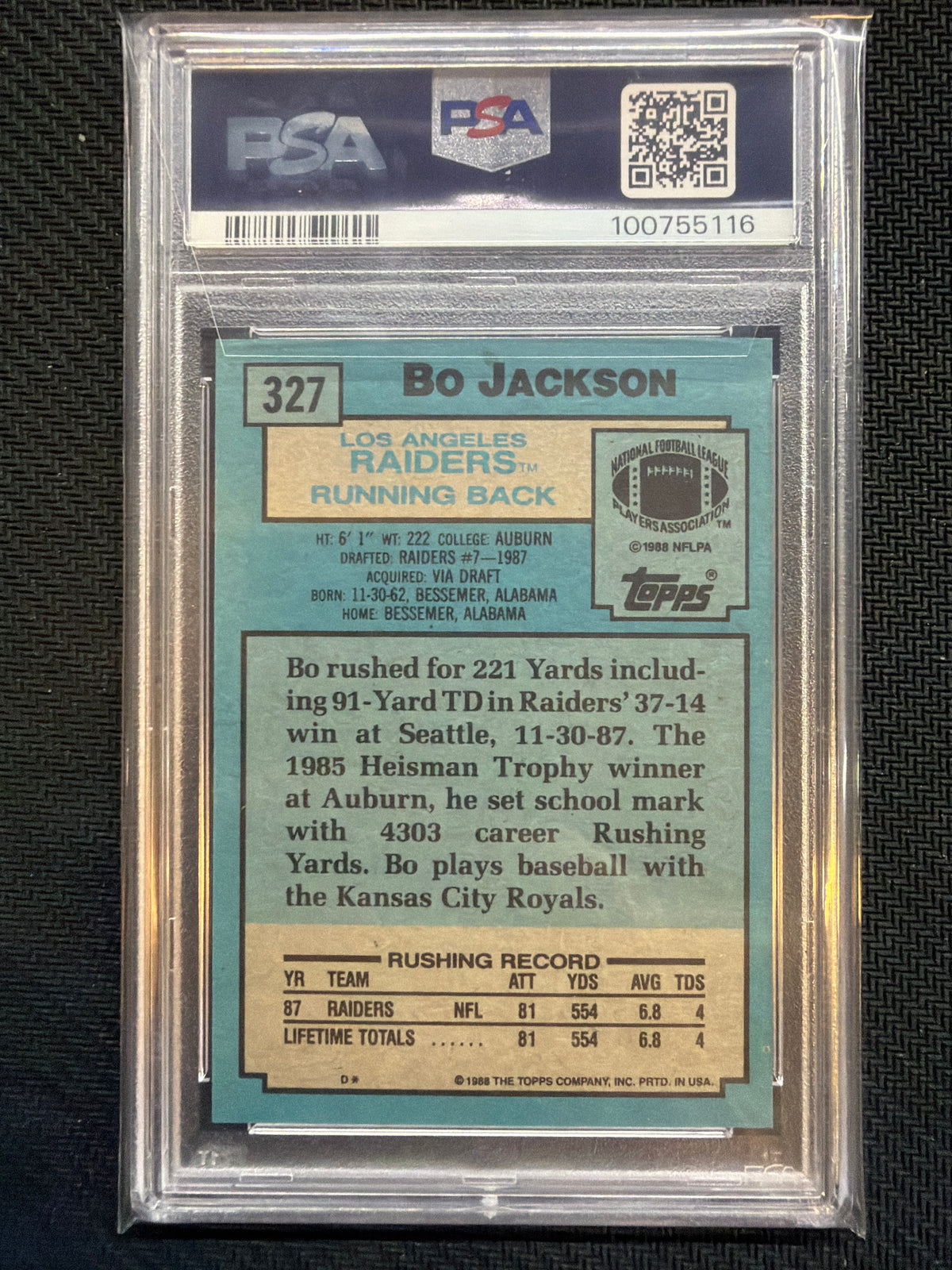 1988 Topps Bo Jackson #327 Super Rookie Raiders PSA 8 #327