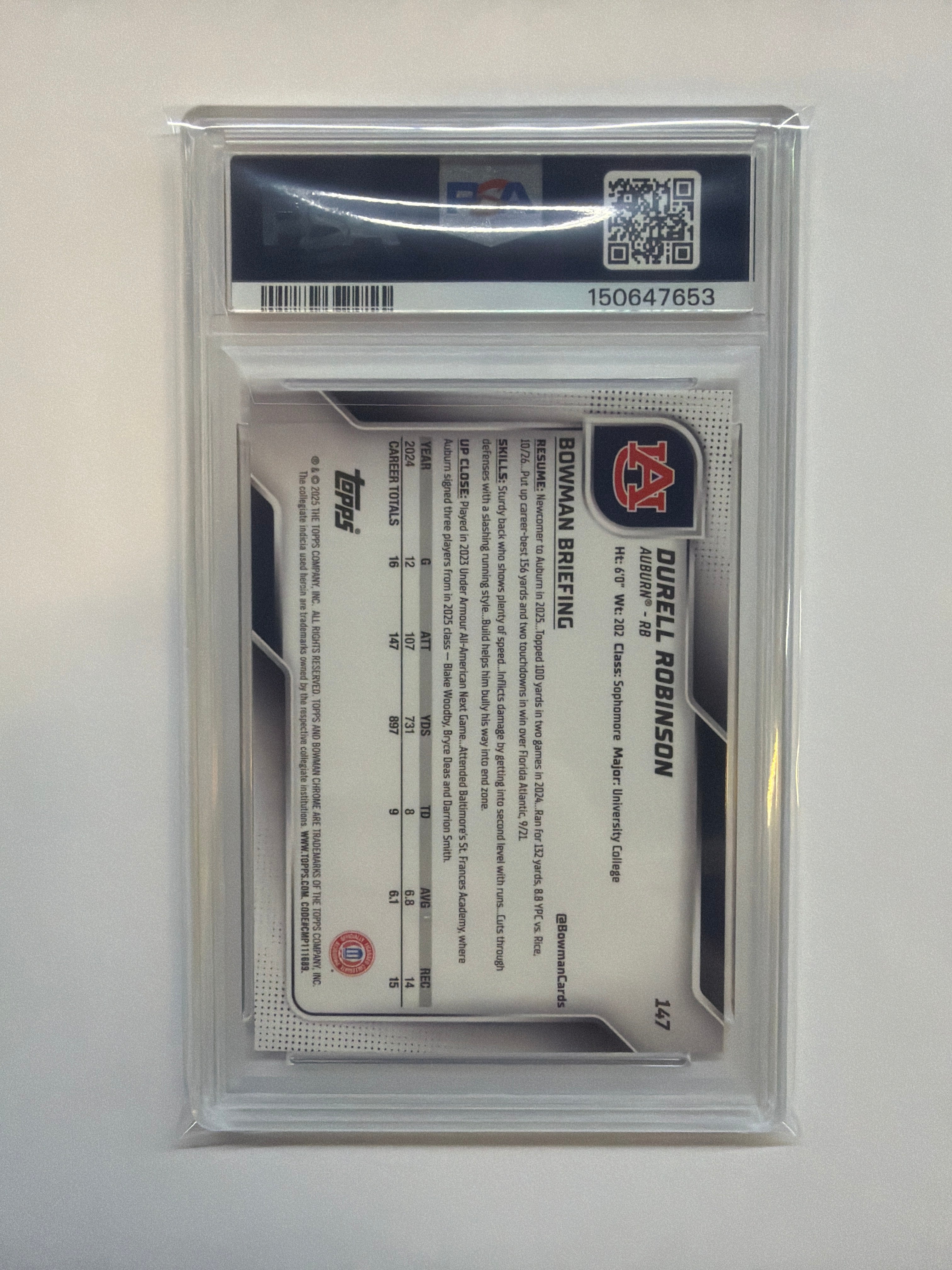 2025 Bowman Chrome Durel Robinson Pink lava PSA 10 Auburn