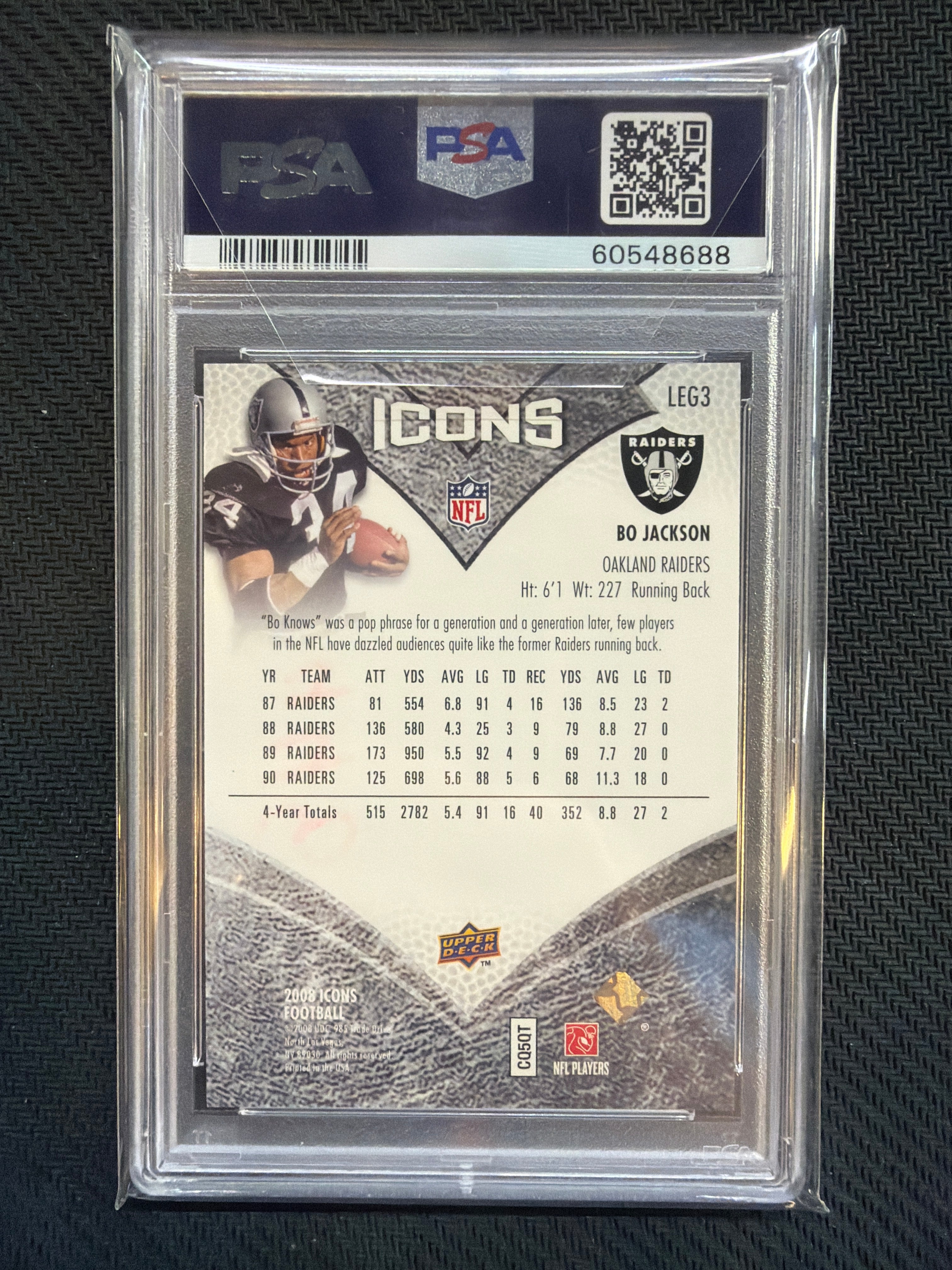 2008 Upper Deck Icons Bo Jackson NFL Legends #LEG3 /999 PSA 7 Raiders