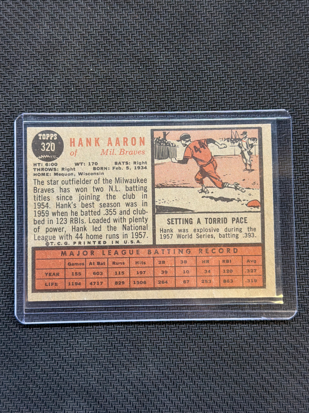 1962 Topps Hank Aaron #320 Braves 3