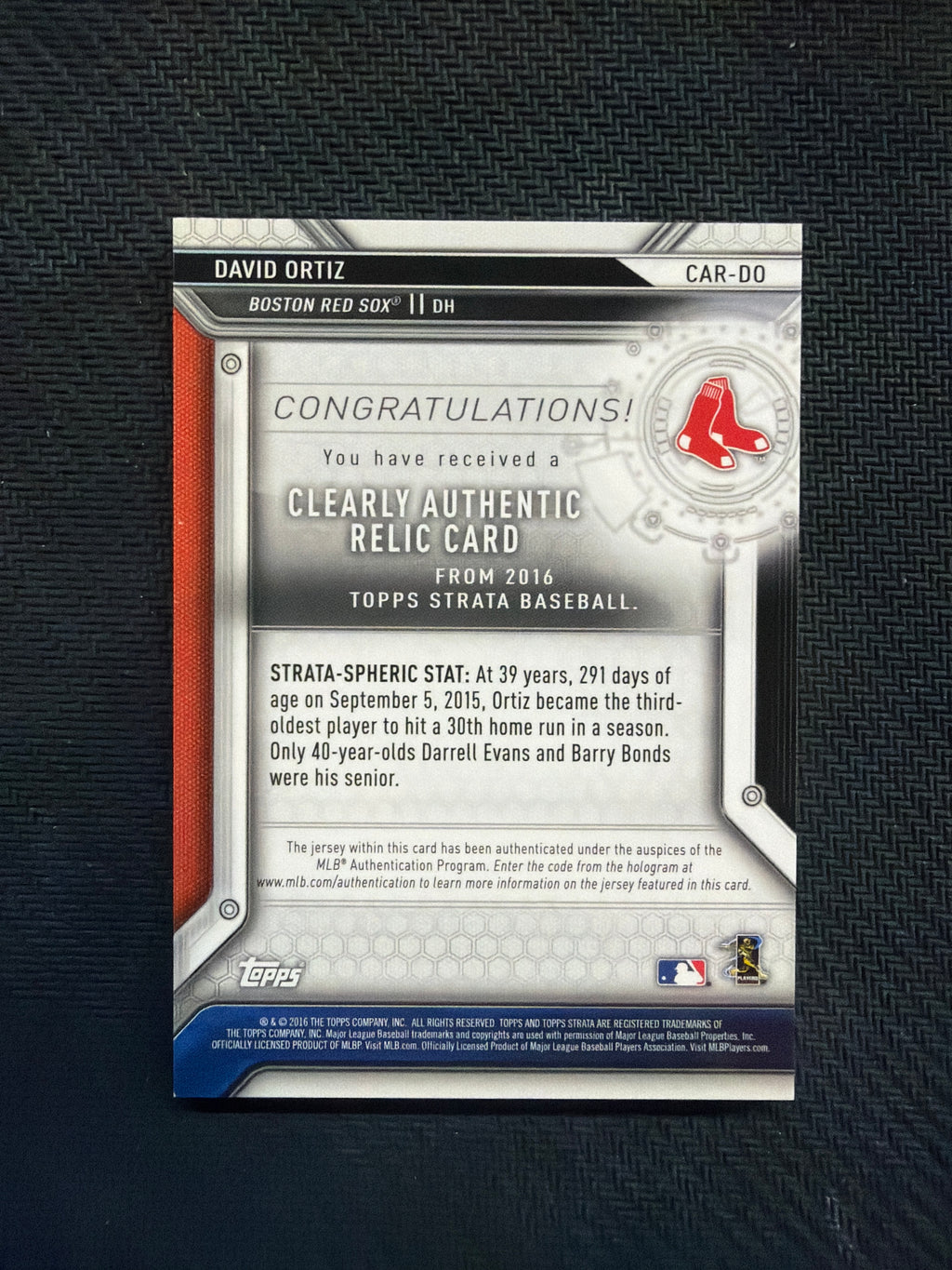2016 Topps Strata David Ortiz Clearly Authentic Relic /50 Red Sox