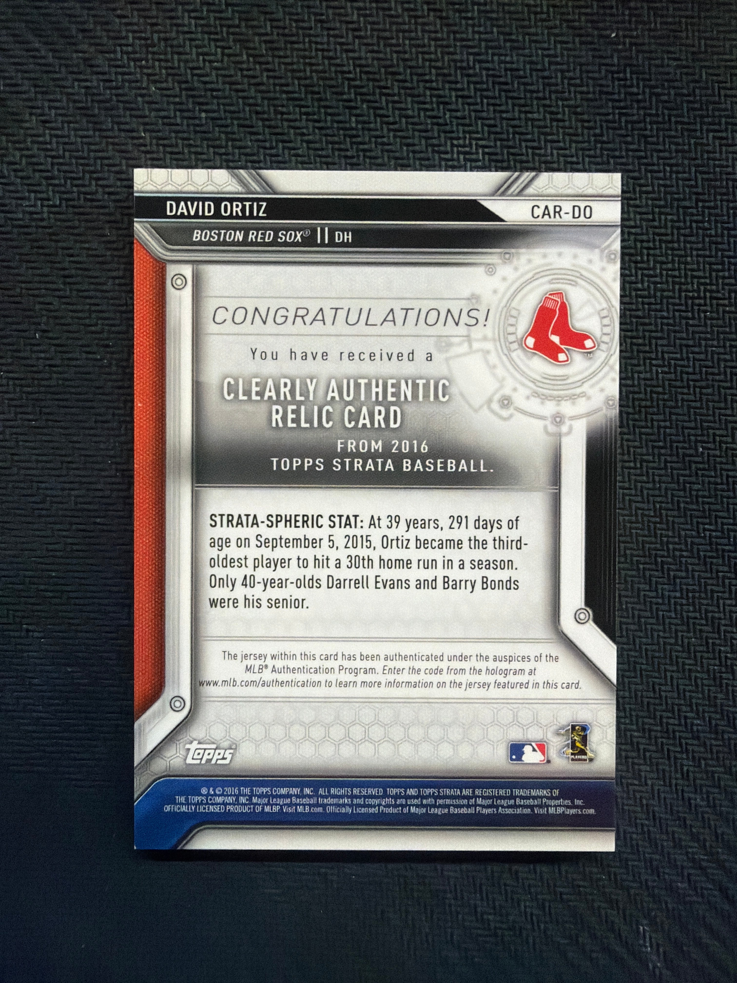 2016 Topps Strata David Ortiz Clearly Authentic Relic /50 Red Sox