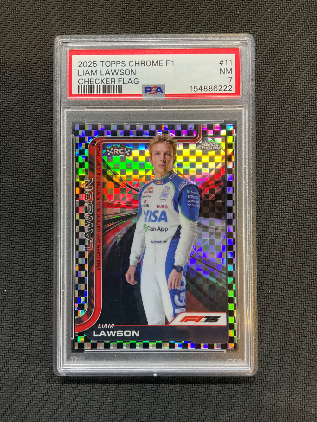 2025 Topps Chrome F1 Liam Lawson Checker Flag PSA 7