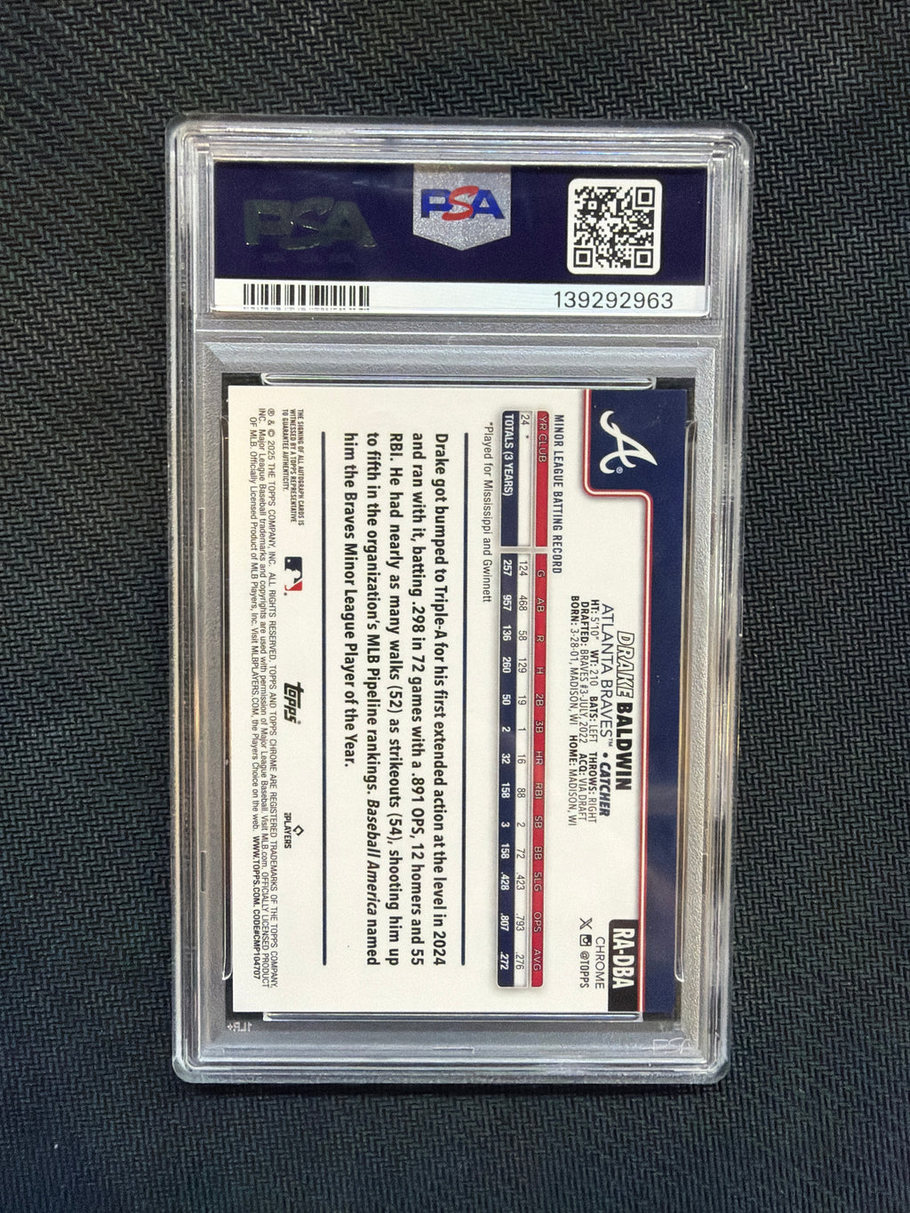 2025 Topps Chrome Drake Baldwin Rookie Auto /150 PSA 10 Braves