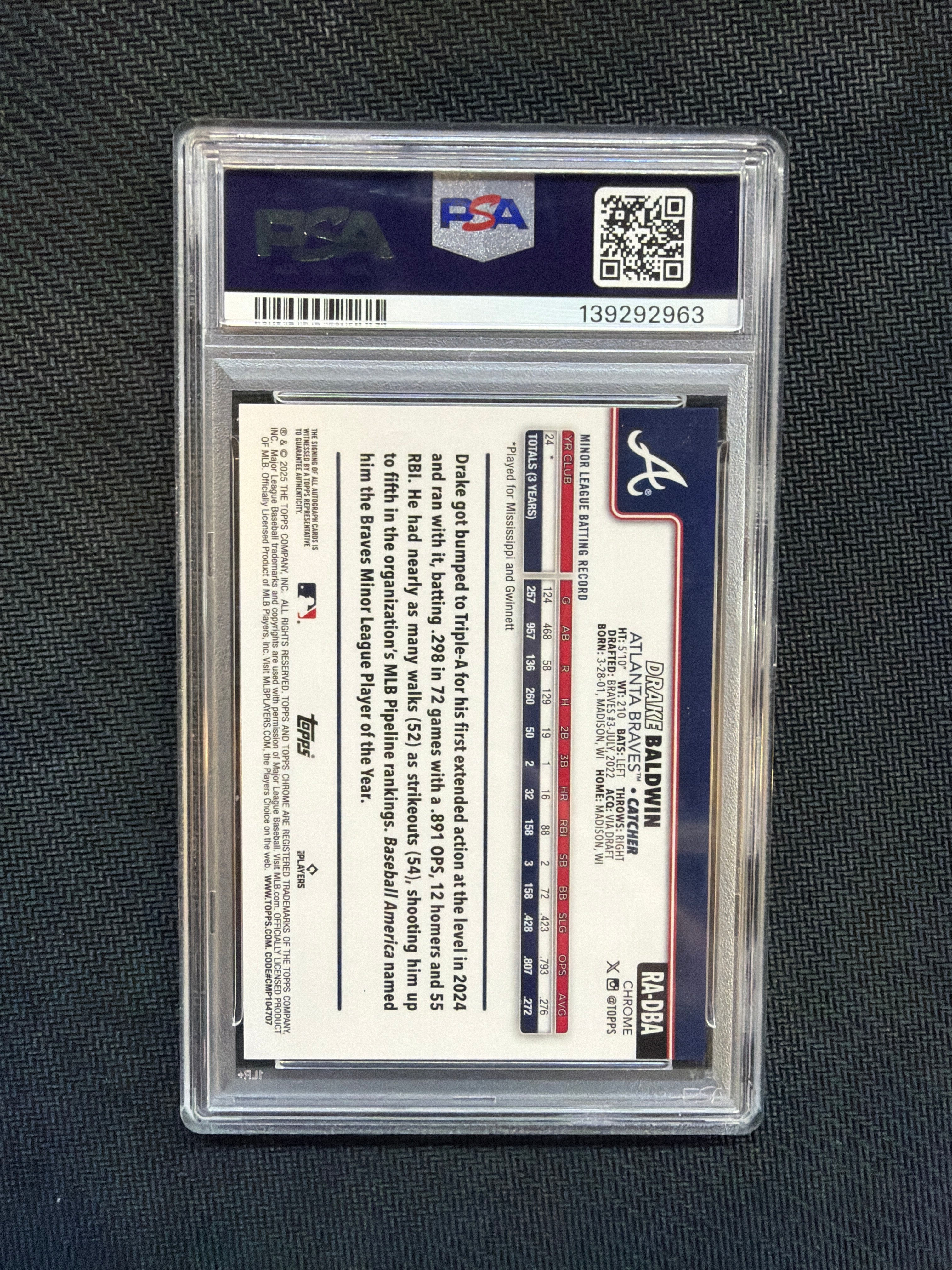 2025 Topps Chrome Drake Baldwin Rookie Auto /150 PSA 10 Braves