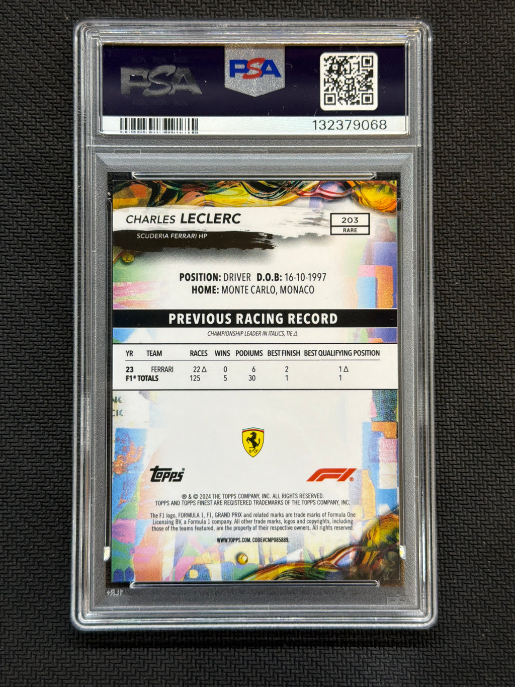 2024 Topps Finest F1 Charles Leclerc Black /10 #203 PSA 9 068
