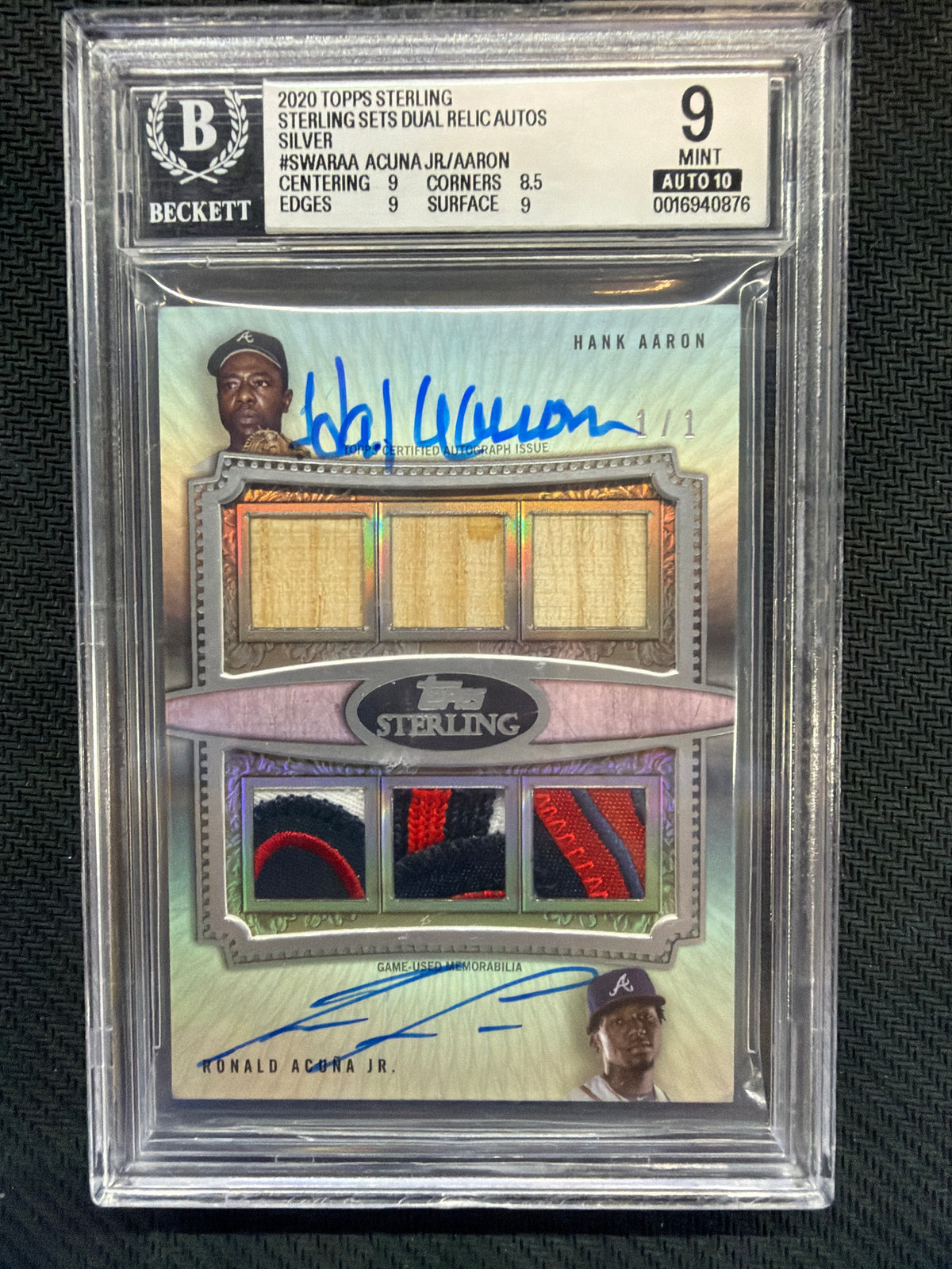 2020 Topps Sterling Hank Aaron Ronald Acuna Jr. Dual Relic Patch Auto 1/1 BGS 9 Braves