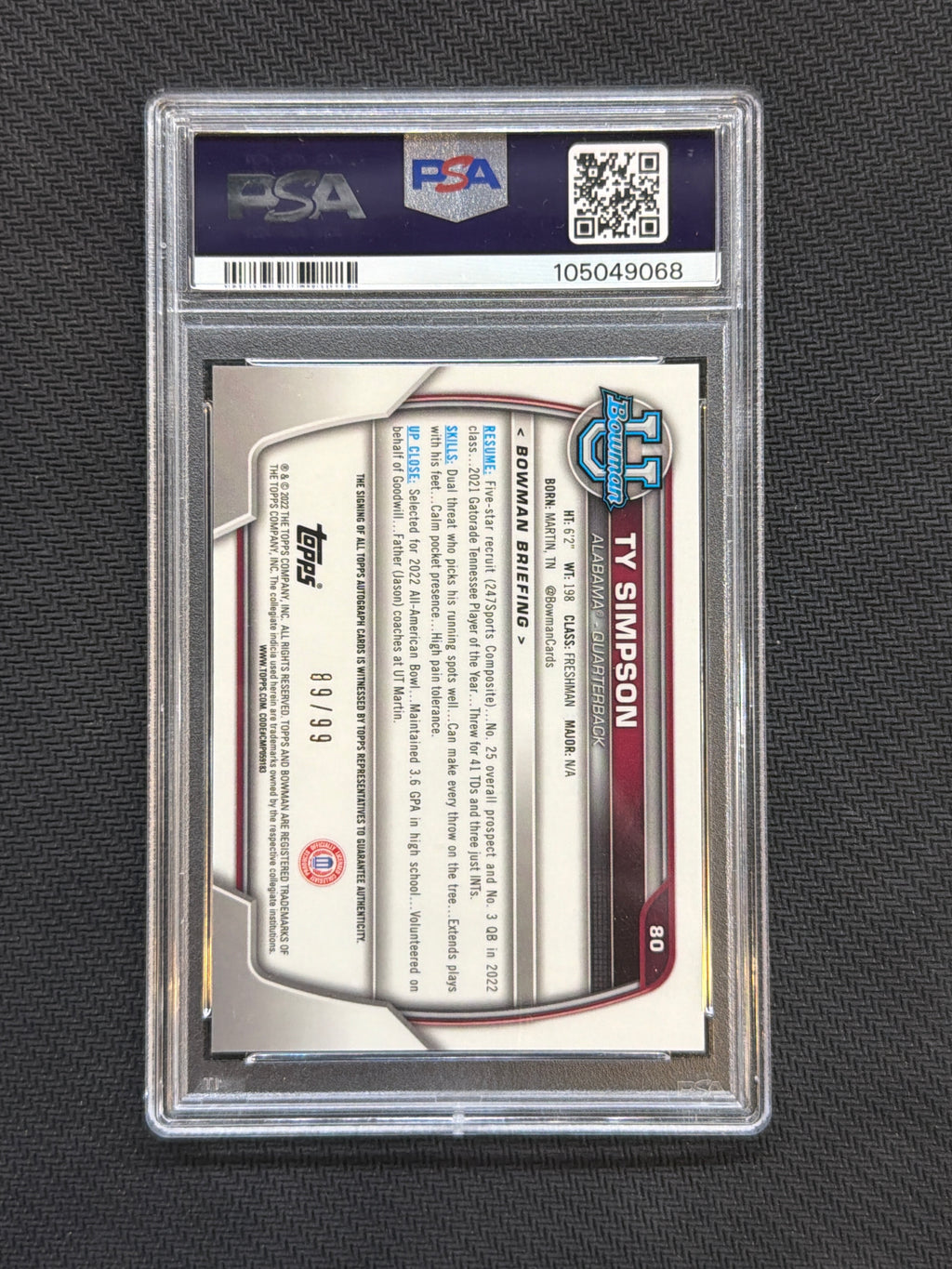 2022 Bowman University Ty Simpson Auto Green /99 #80 PSA 10 Alabama