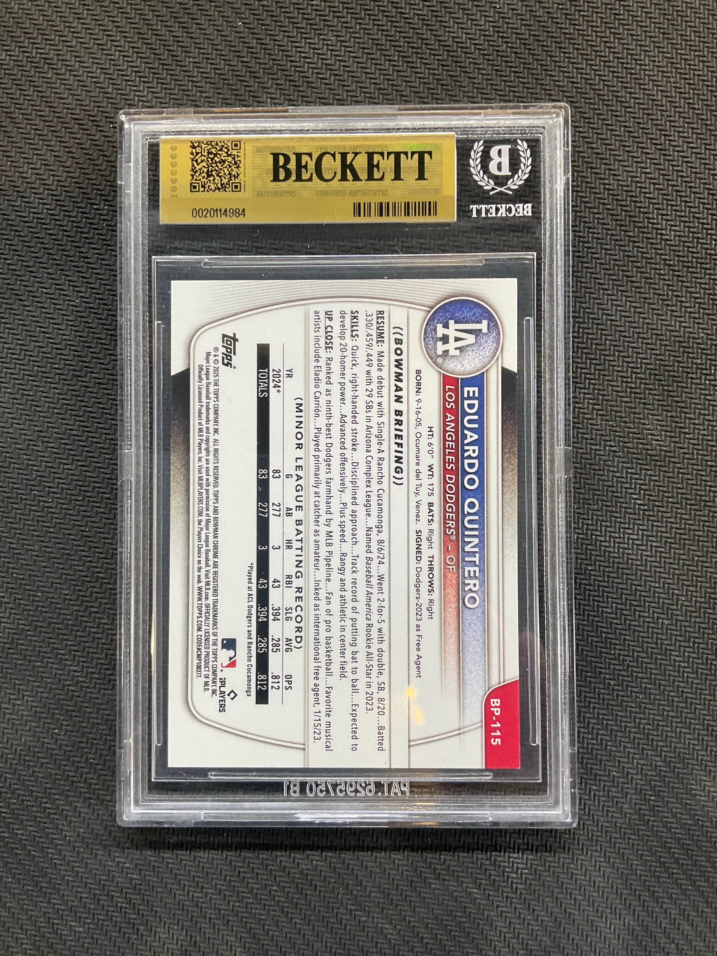 2025 Bowman #BP115 Eduardo Quintero BGS 9.5 Dodgers