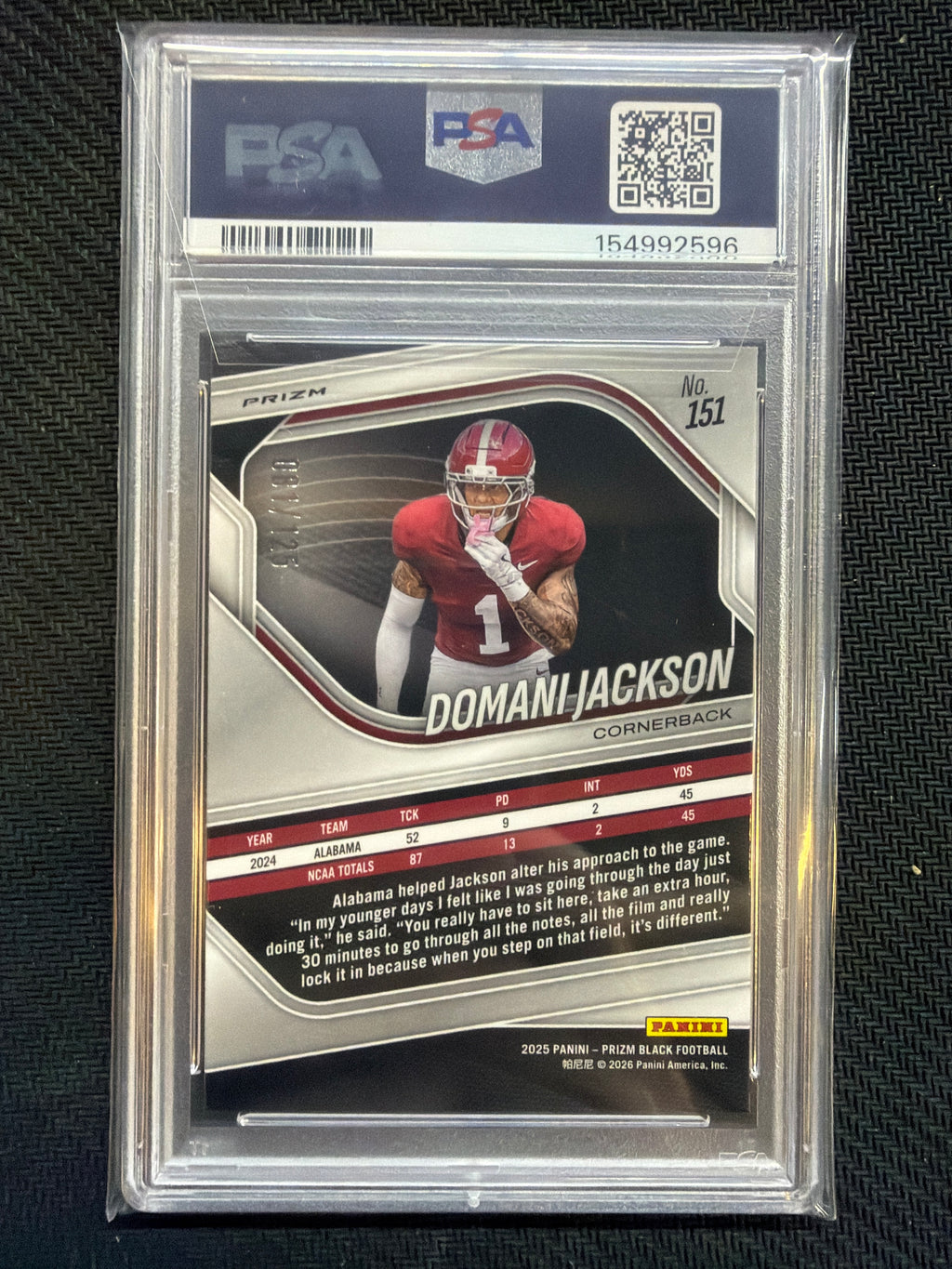 2025 Prizm Black Domani Jackson Blue Ice /125 #151 PSA 10 Alabama