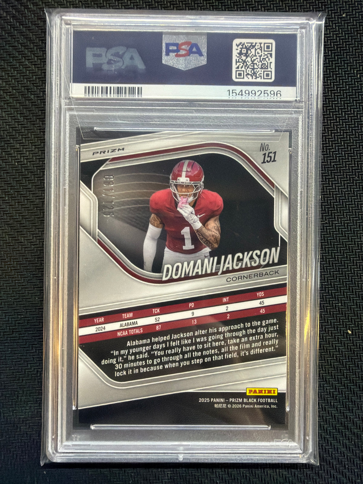 2025 Prizm Black Domani Jackson Blue Ice /125 #151 PSA 10 Alabama