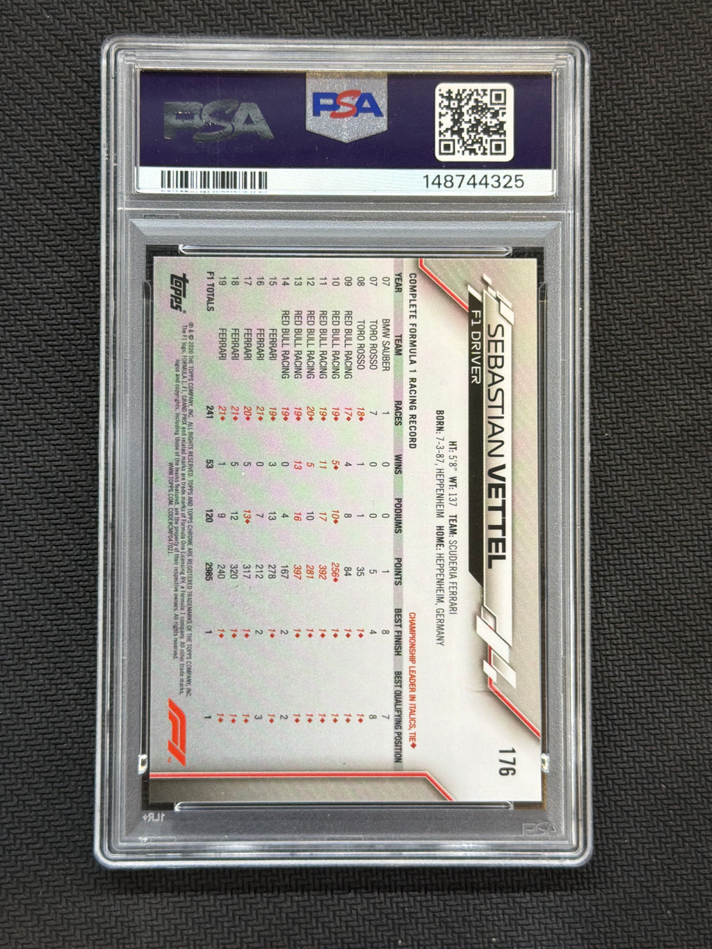2020 Topps Chrome Sapphire F1 Sebastian Vettel #176 PSA 10