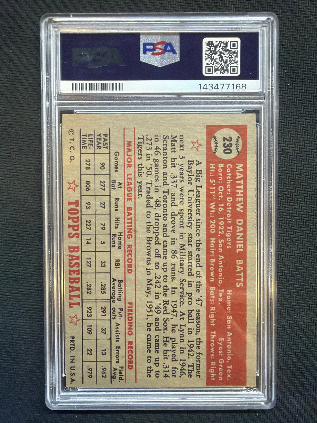 1952 Topps Matt Batts #230 PSA 6