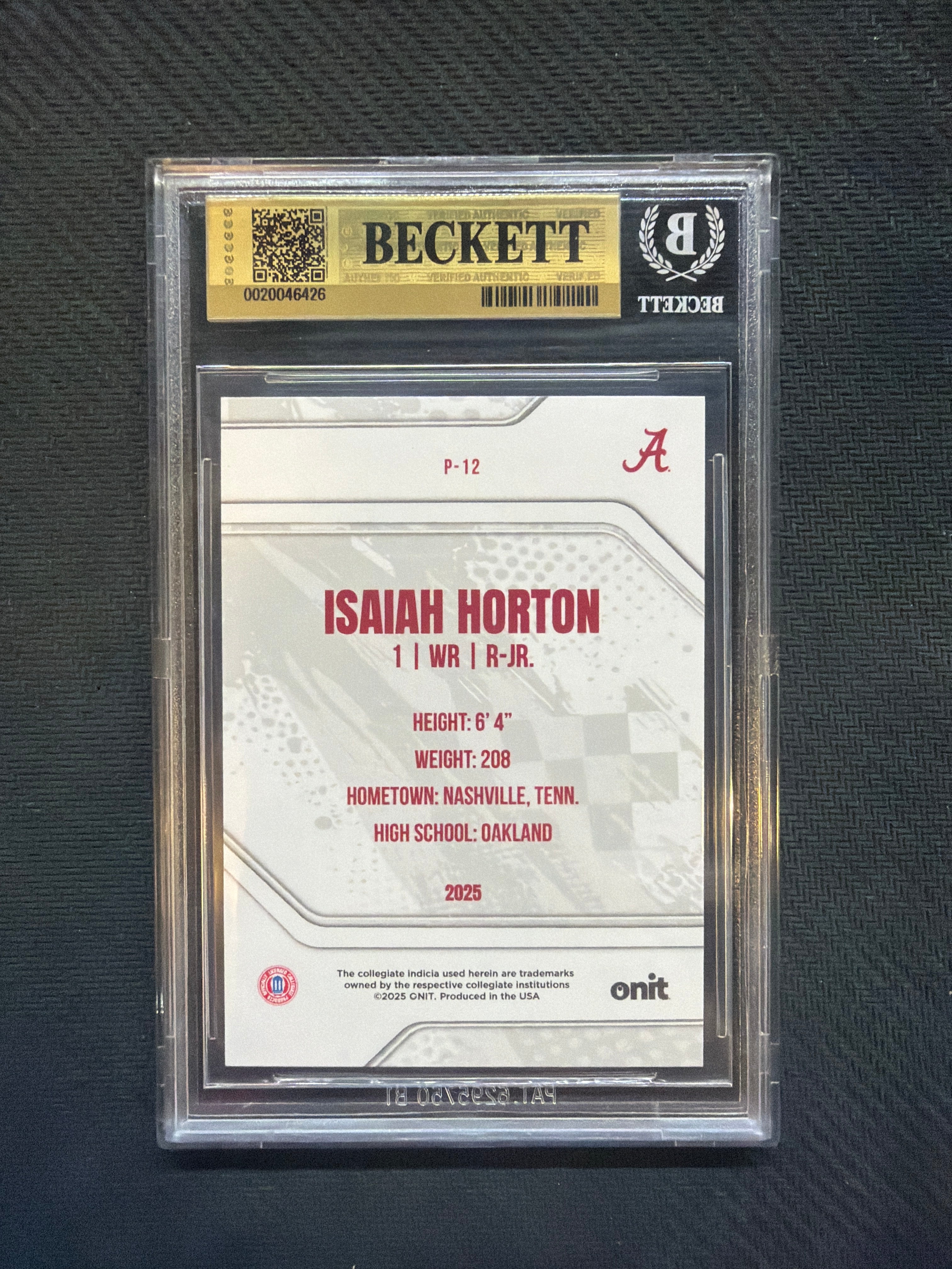 2025 Onit Alabama Isiah Horton Purple /199 BGS 9.5 Alabama
