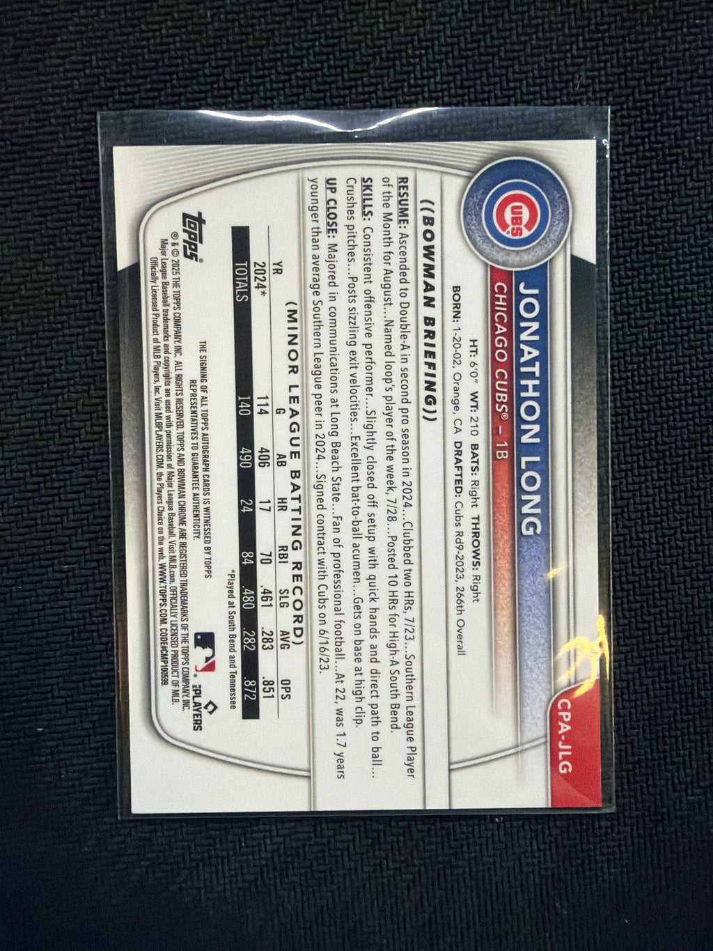 2025 Bowman Chrome Jonathon Long 1st Auto True Gold /50