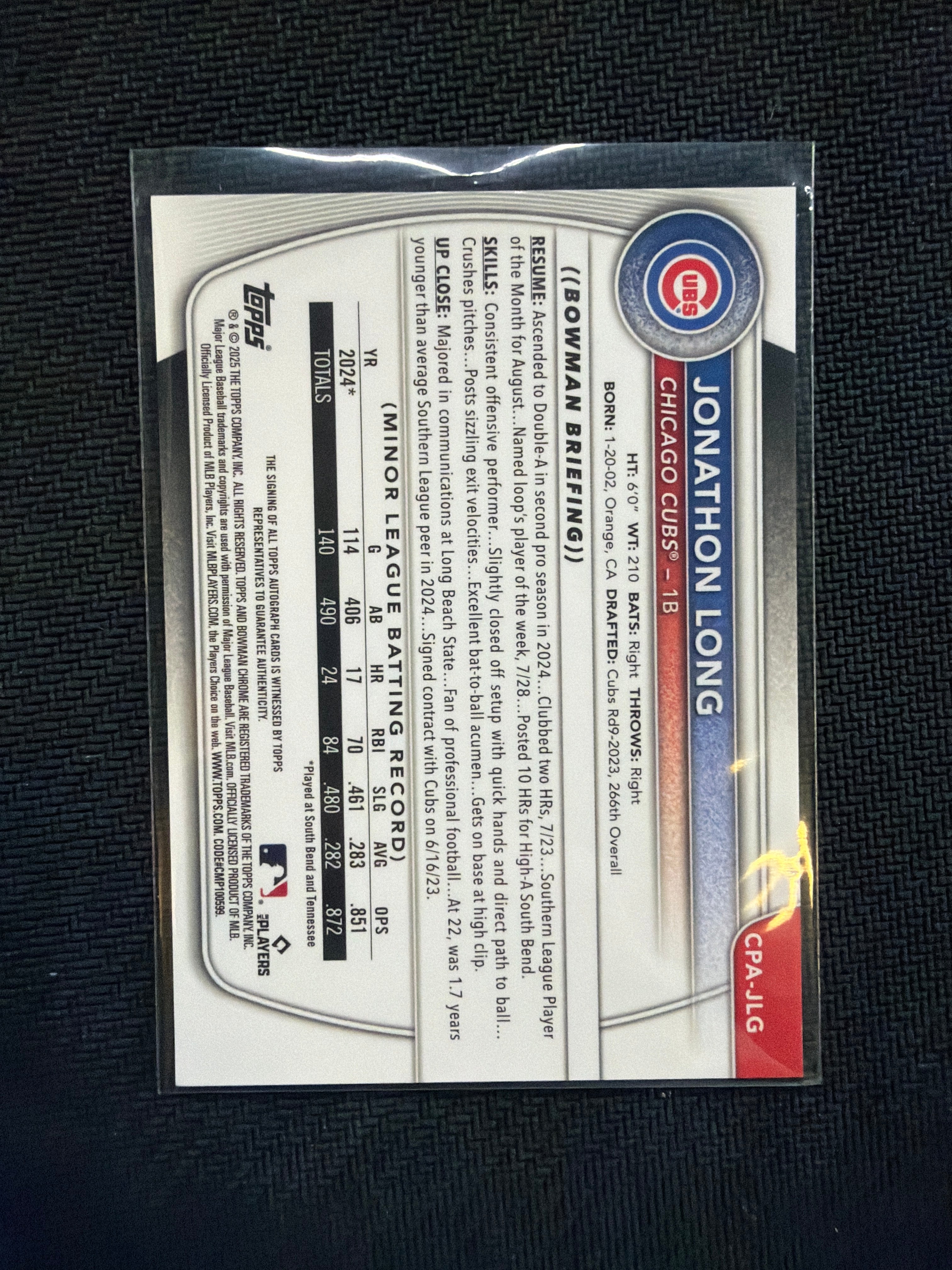 2025 Bowman Chrome Jonathon Long 1st Auto True Gold /50