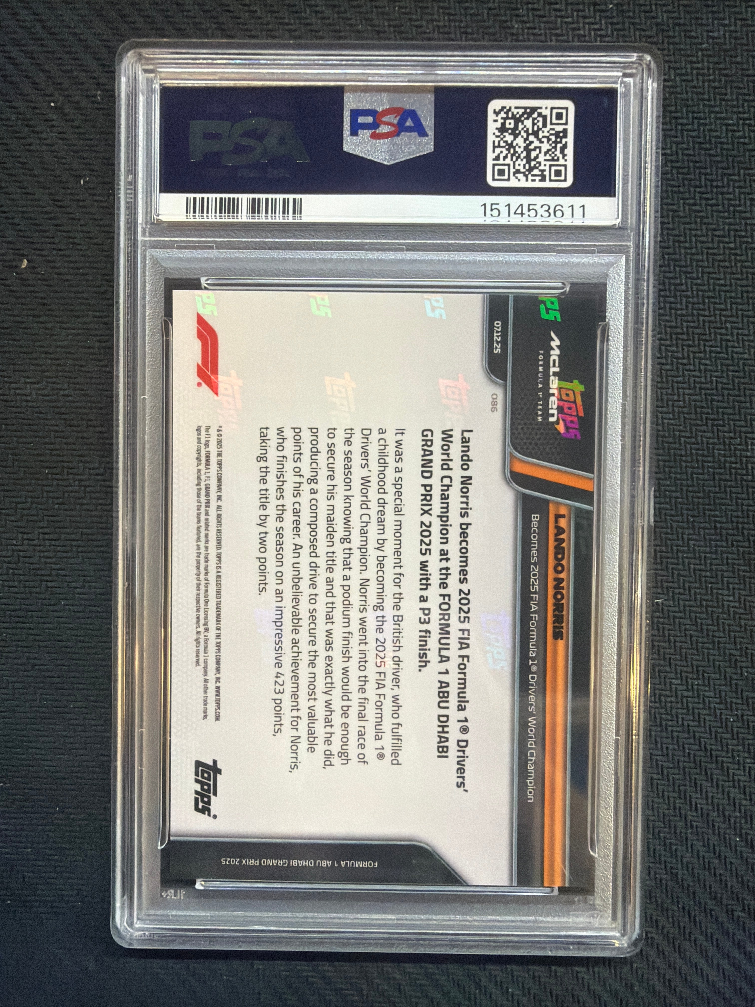 2025 Topps Now Formula 1 F1 Lando Norris #86 PSA 10 Mclaren 611