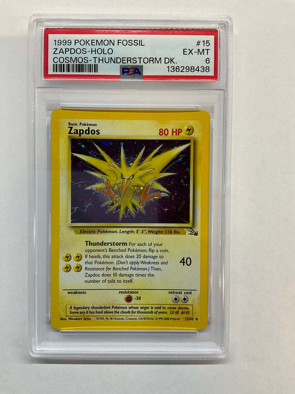 1999 Pokemon Fossil Zapdos Holo Cosmos Thunderstorm #15 PSA 6