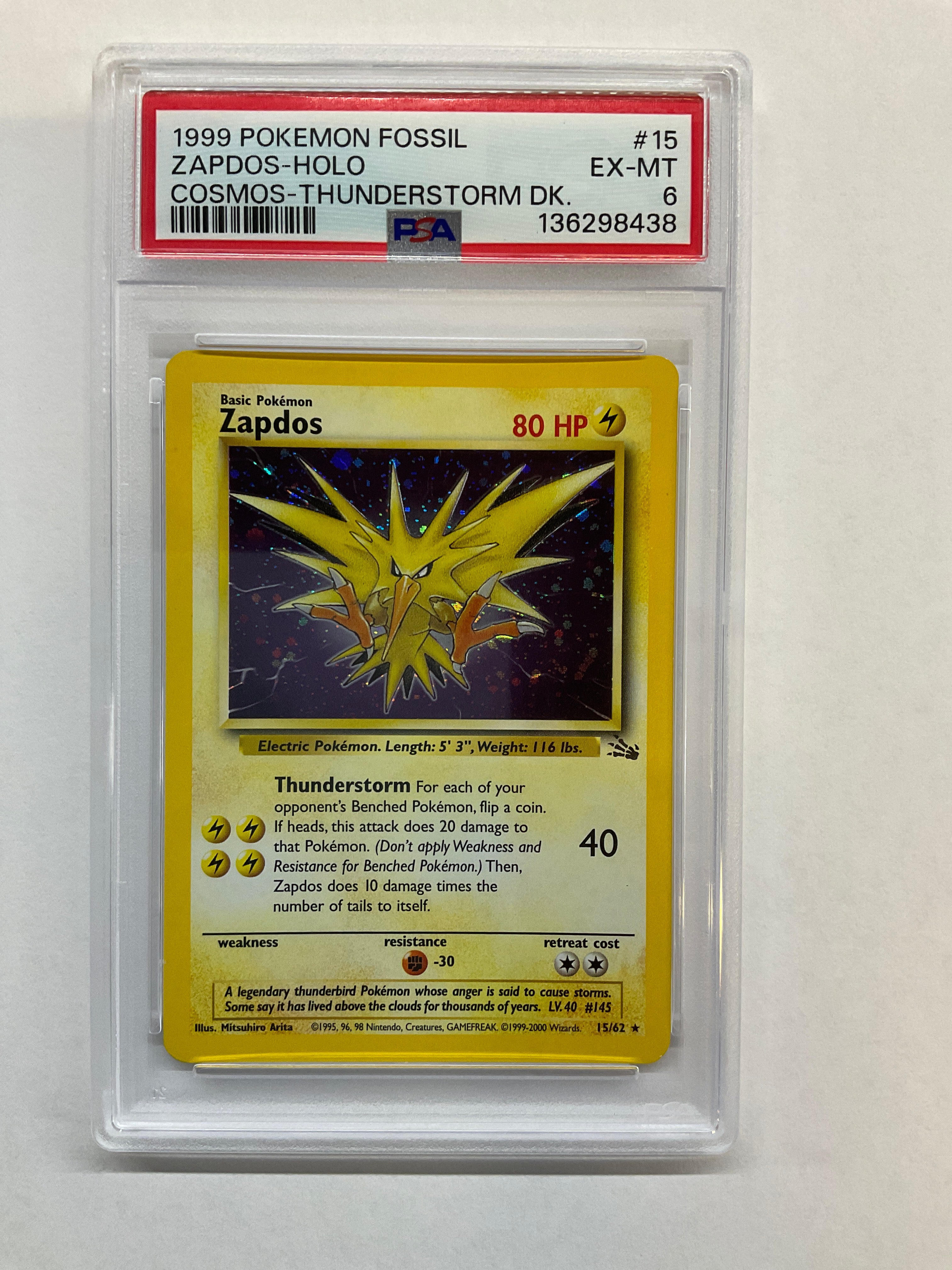 1999 Pokemon Fossil Zapdos Holo Cosmos Thunderstorm #15 PSA 6