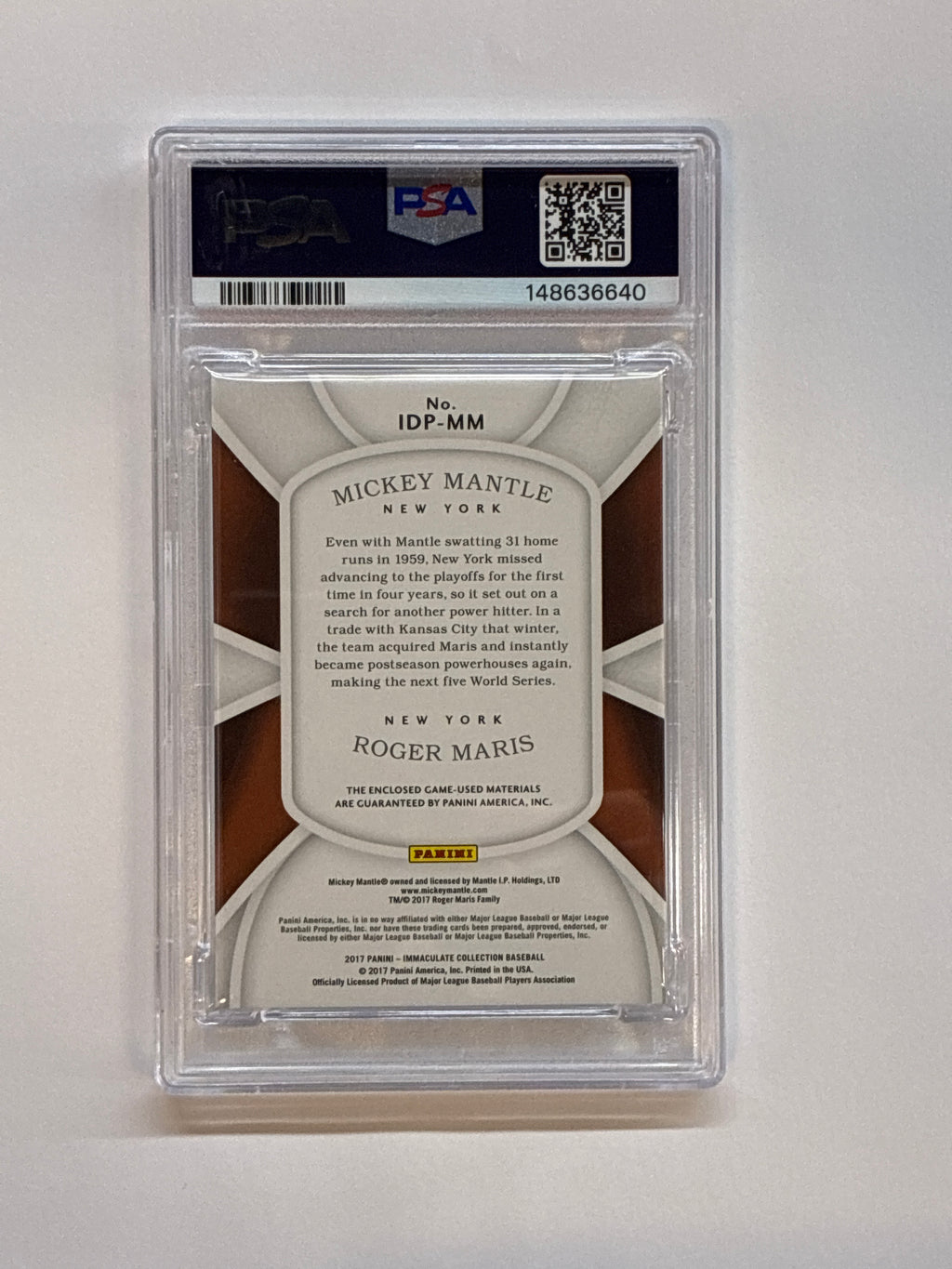 2017 Panini Immaculate Mickey Mantle / Roger Marris Dual Player Relics Blue /10 PSA 8 Yankees