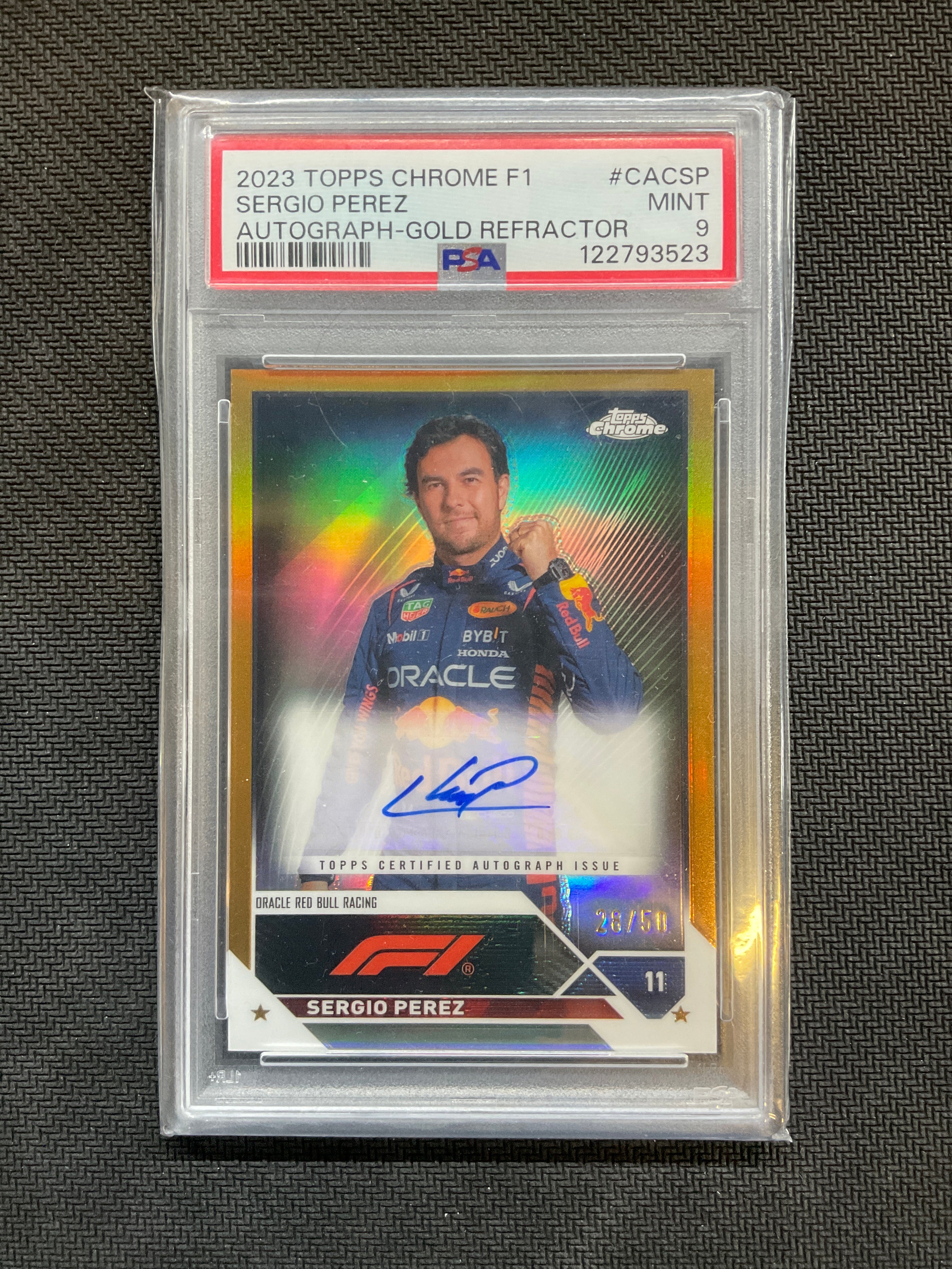 2023 Topps Chrome F1 Sergio Perez Gold Auto /50 PSA 9