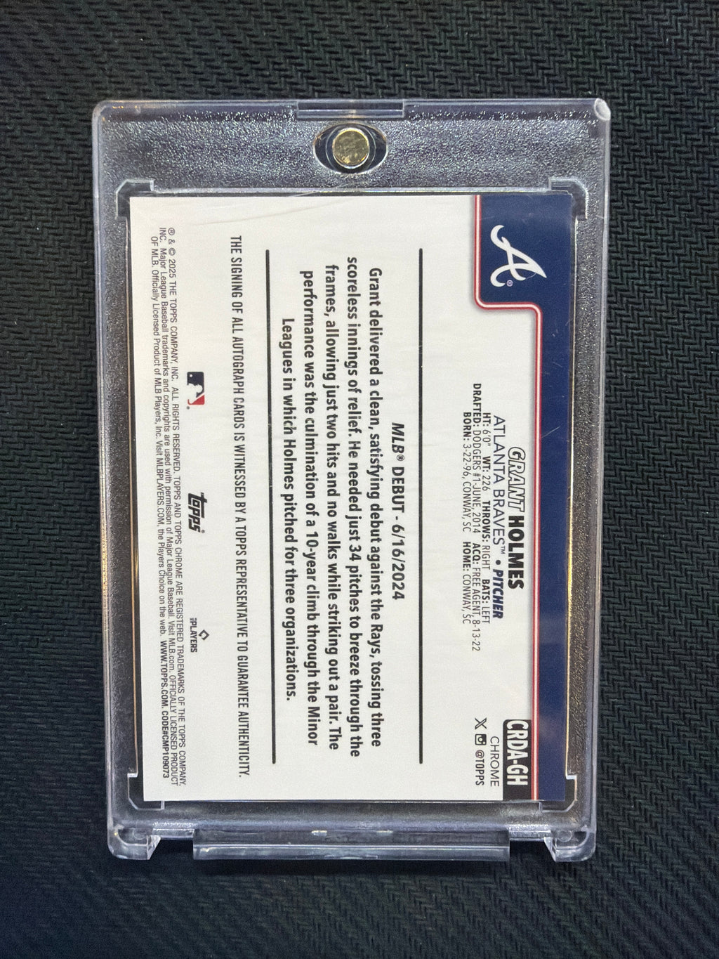 2025 Topps Chrome Grant Holmes Auto /299 Purple Speckle Braves