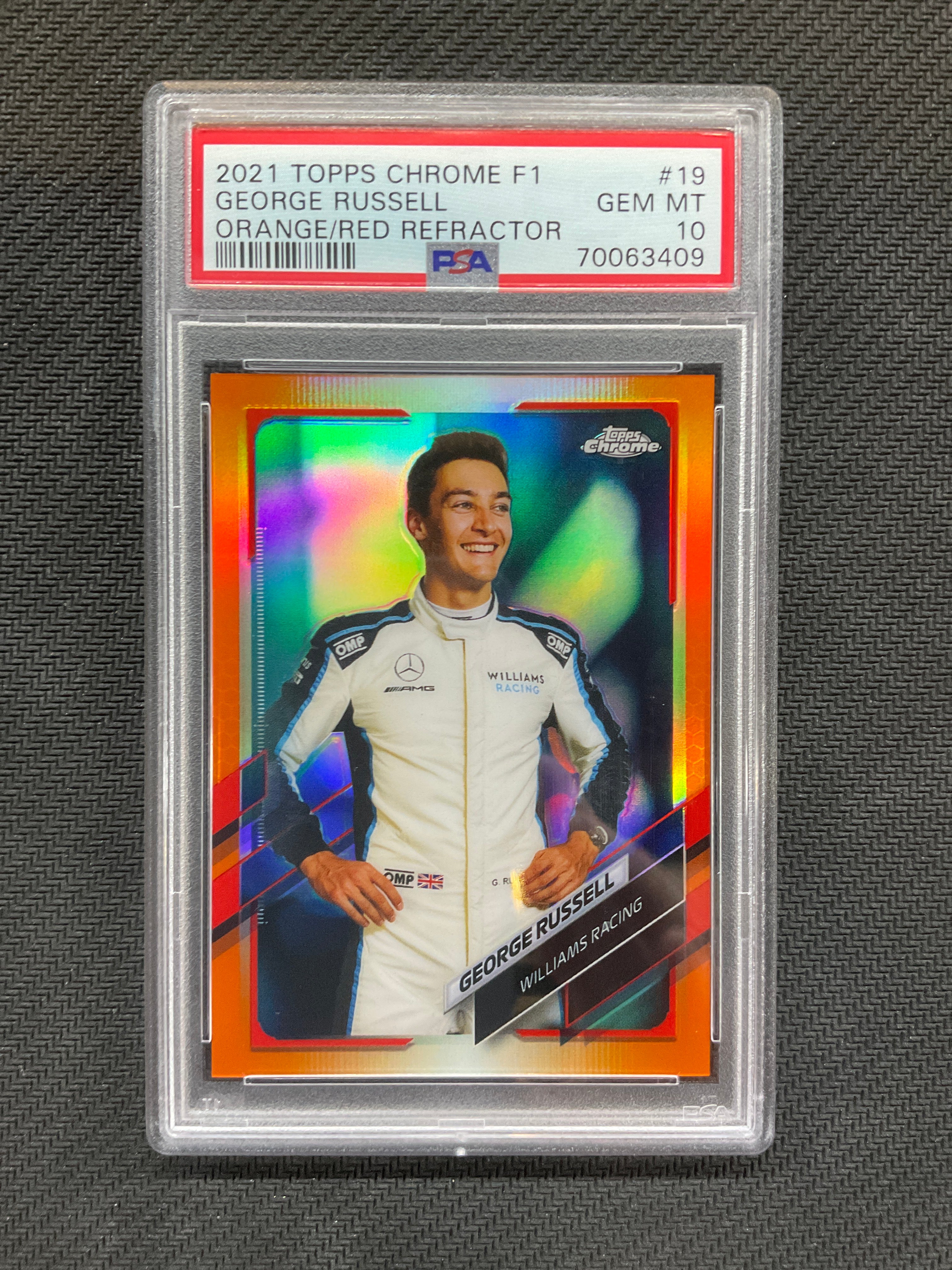 2021 Topps Chrome F1 George Russell Orange Red Refractor PSA 10