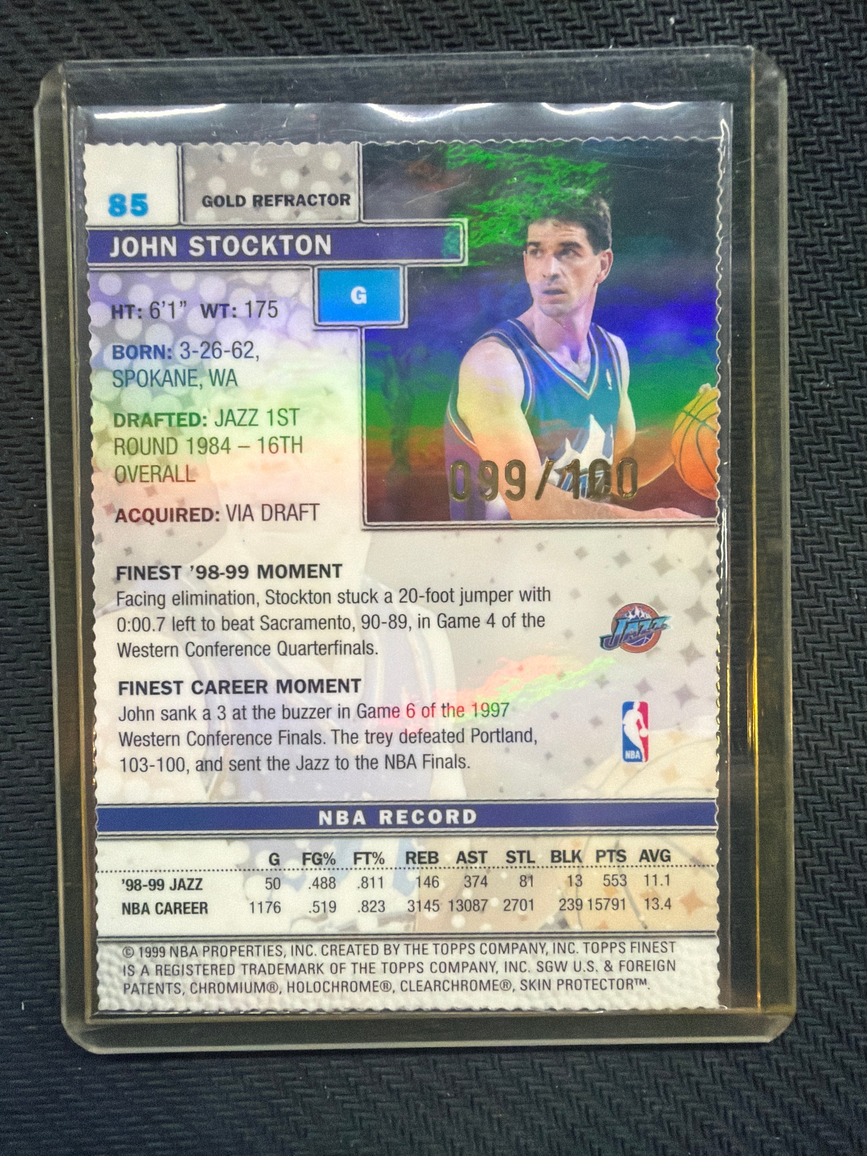 1999 Topps Finest John Stockton John Stockton #85 Gold Refractor /100 Jazz