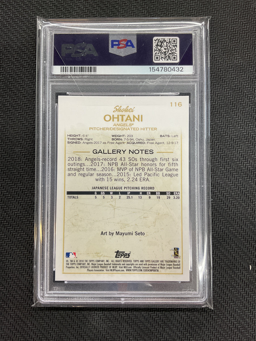 2018 Topps Gallery Shohei Ohtani #116 PSA 10 432