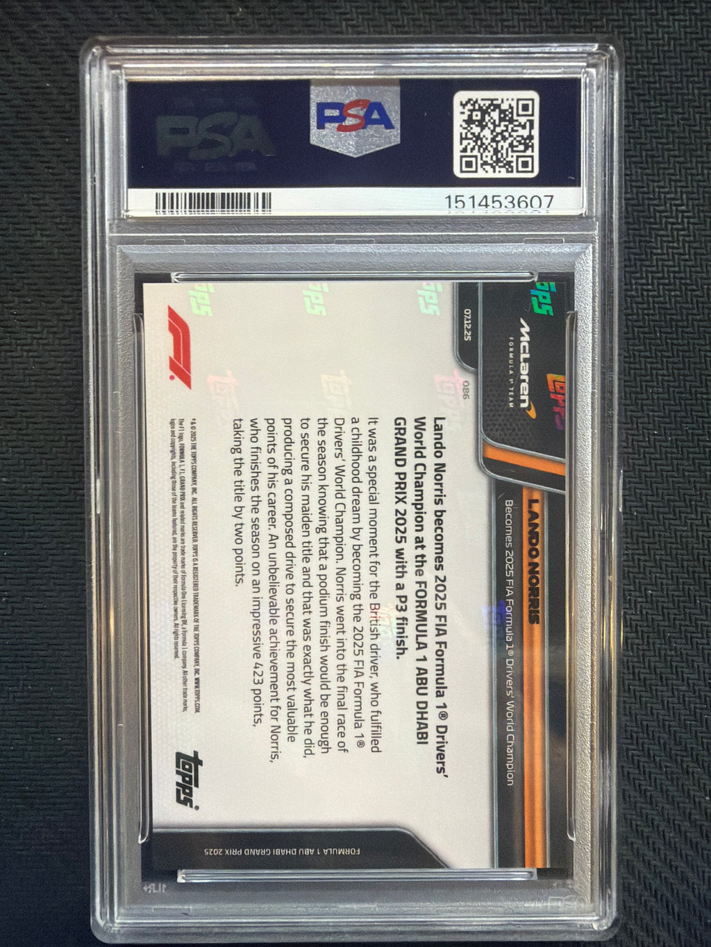 2025 Topps Now Formula 1 F1 Lando Norris #86 PSA 10 Mclaren 607