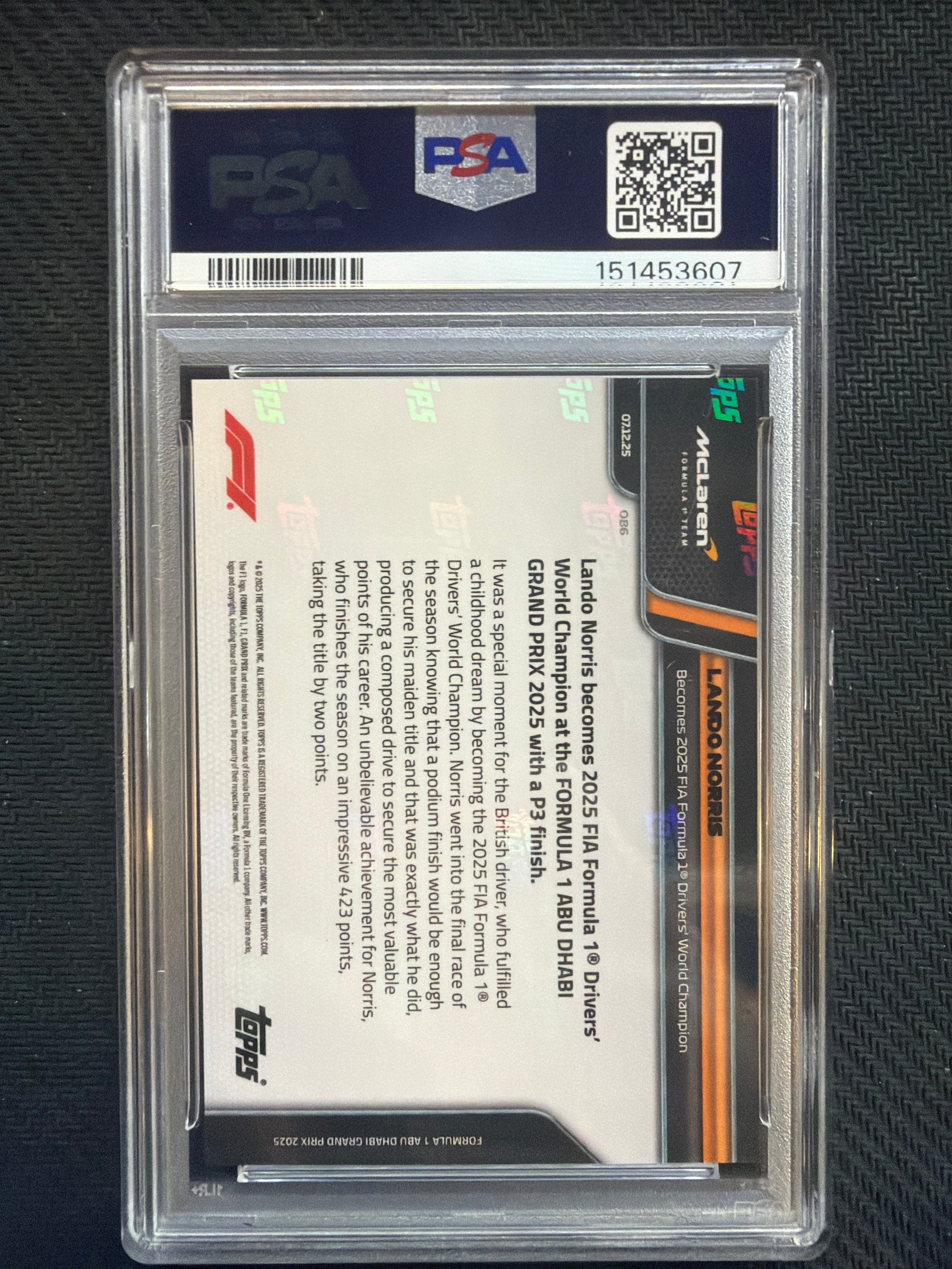 2025 Topps Now Formula 1 F1 Lando Norris #86 PSA 10 Mclaren 607