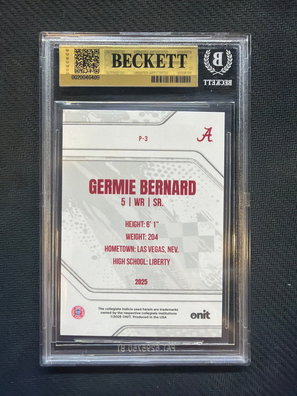 2025 Onit Alabama Germie Bernard Purple /199 BGS 9.5 Alabama