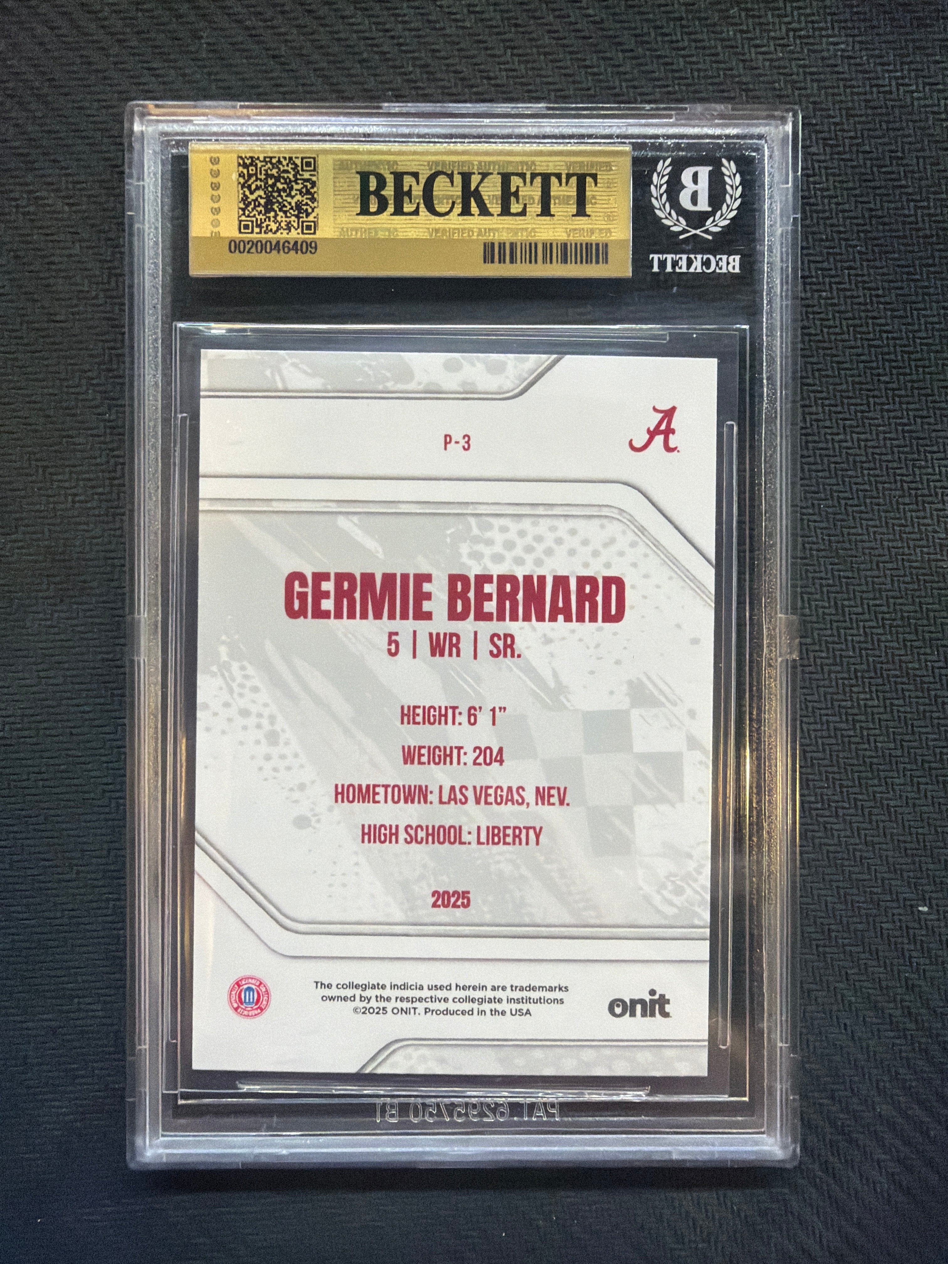 2025 Onit Alabama Germie Bernard Purple /199 BGS 9.5 Alabama